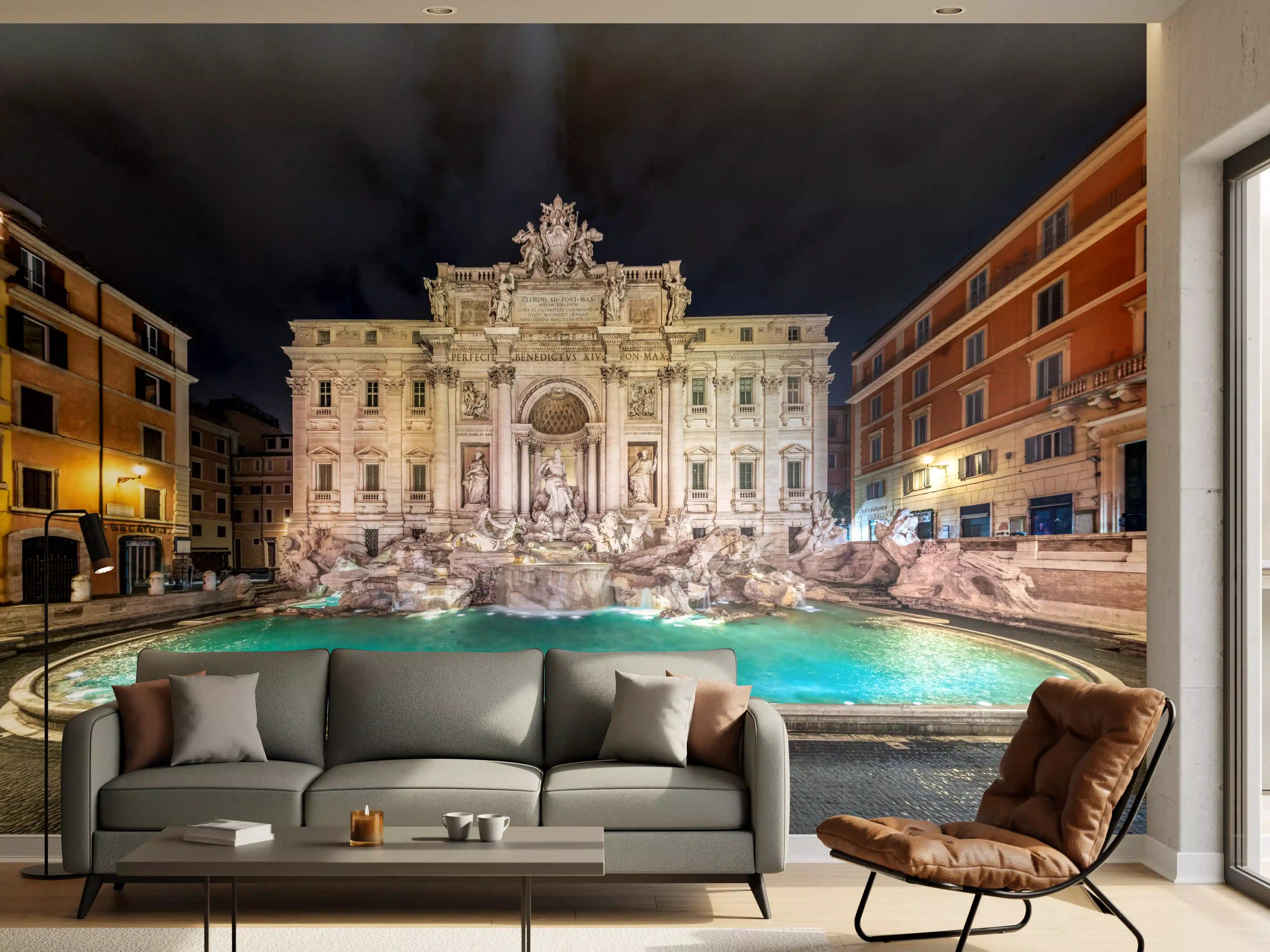 Wandverkleidung Wohnzimmer - Trevi-Brunnen Nacht Türkis-Beige