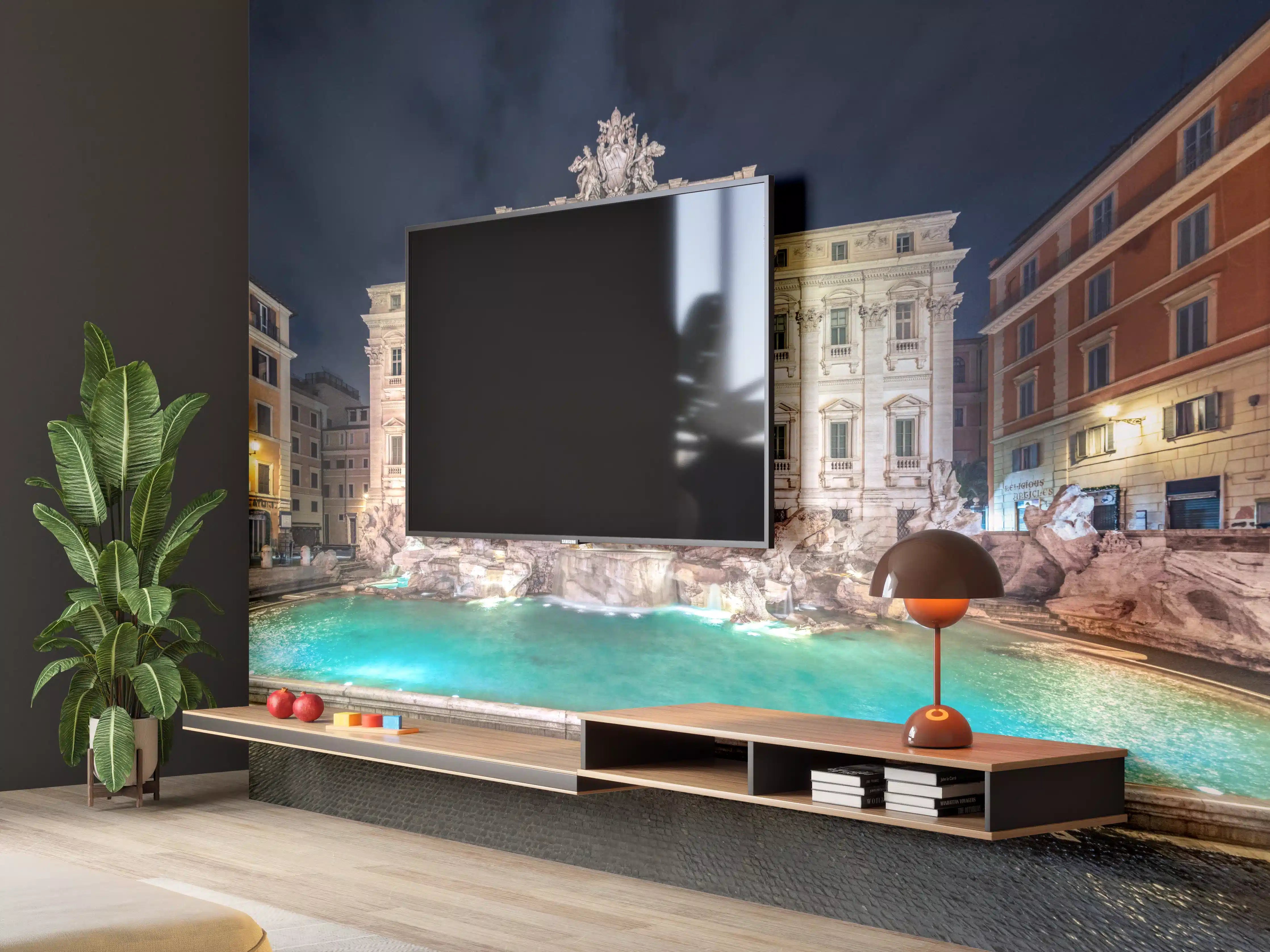 Wandverkleidung Wohnzimmer - Trevi-Brunnen Nacht Türkis-Beige