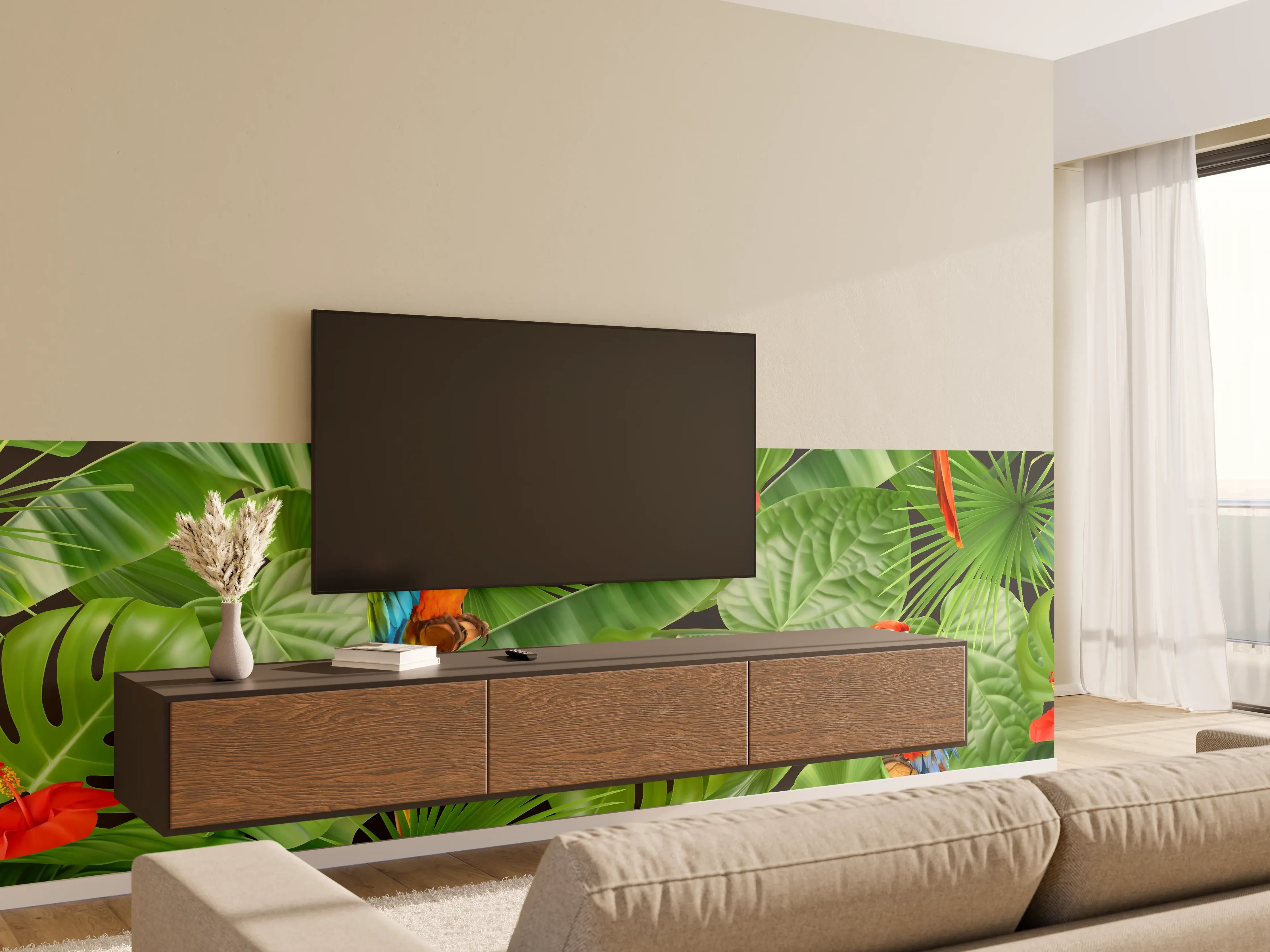 Wandverkleidung Wohnzimmer - Tropen-Papageien Dschungel-Muster