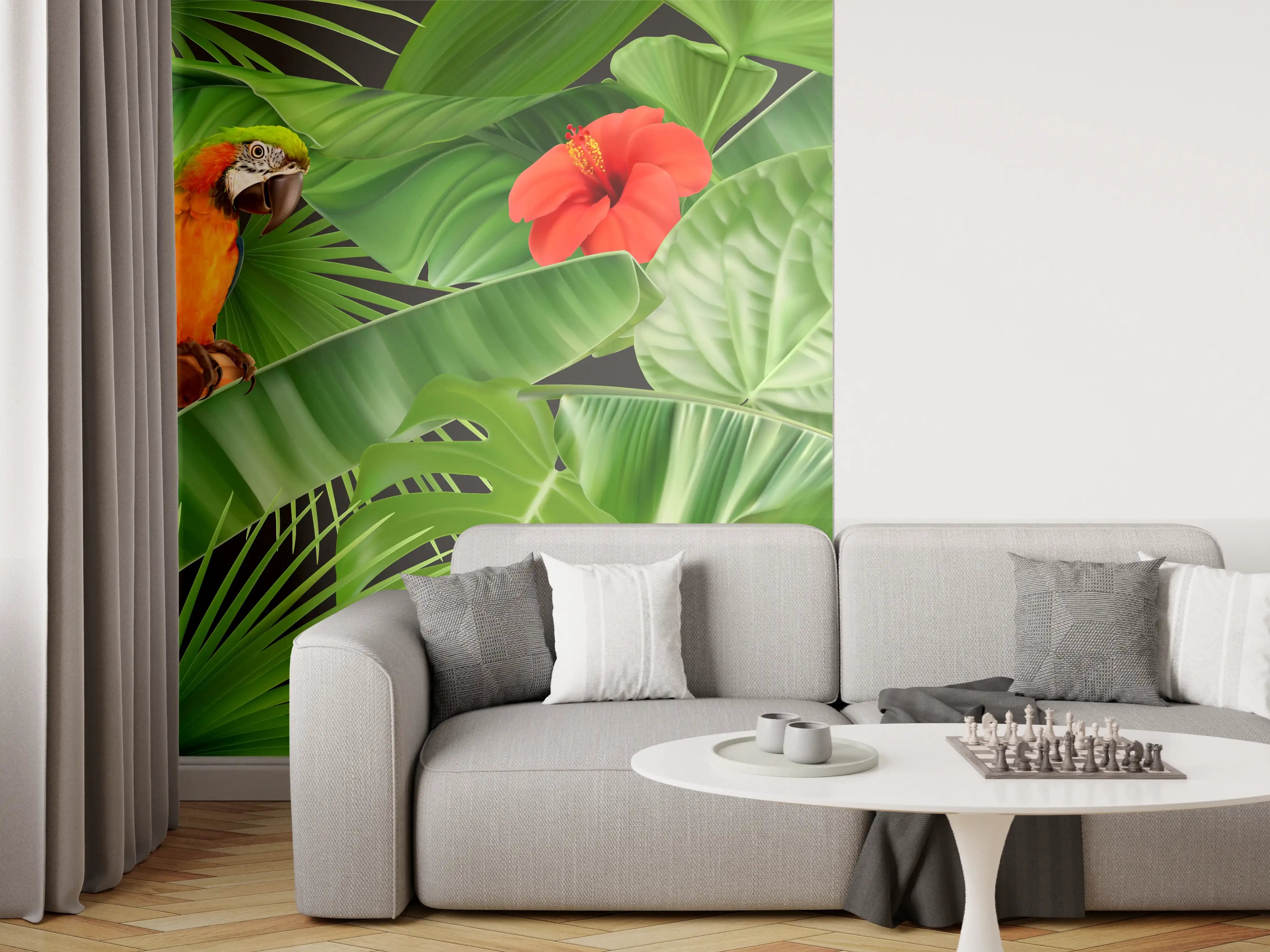 Wandverkleidung Wohnzimmer - Tropen-Papageien Dschungel-Muster
