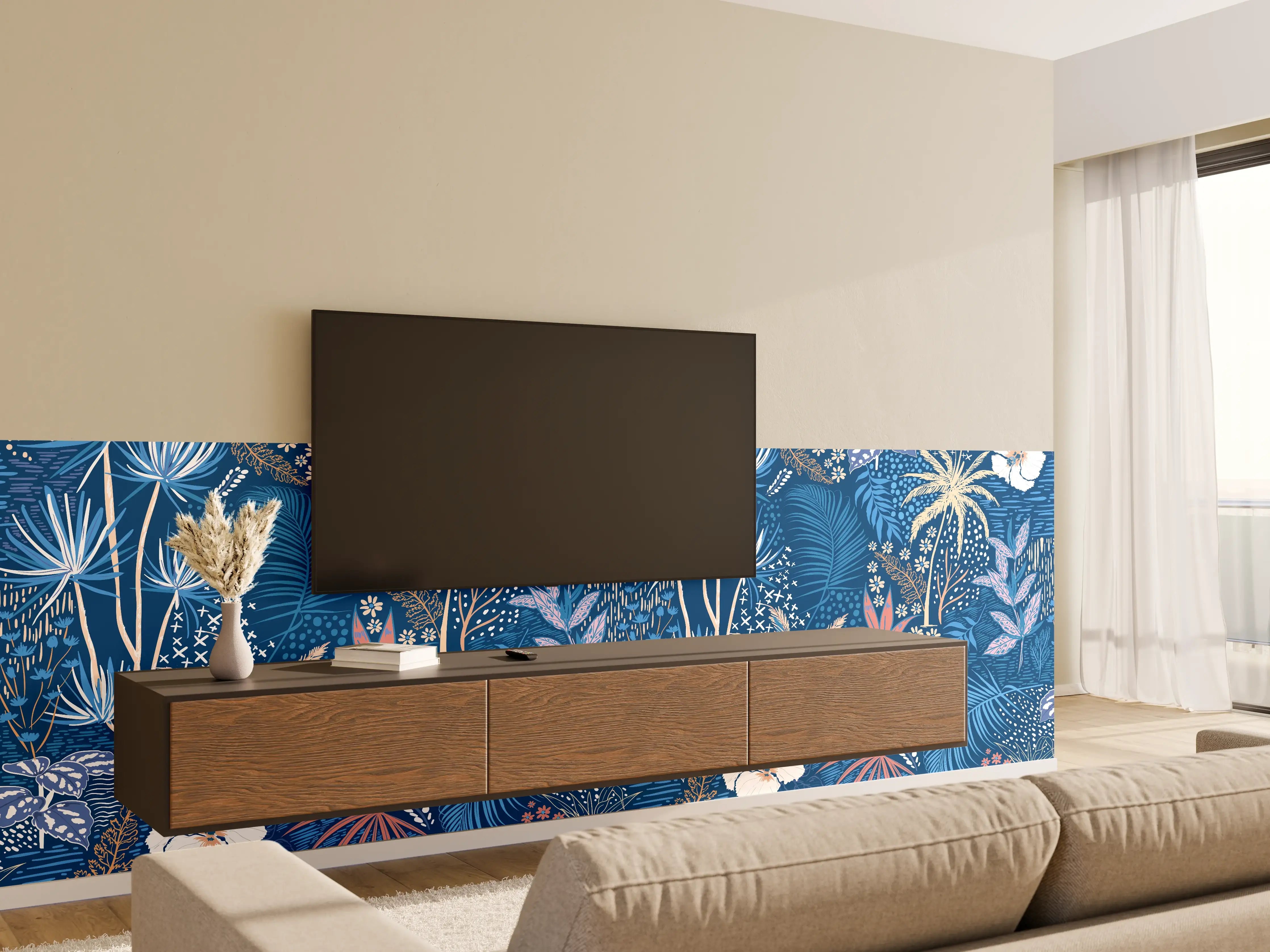 Wandverkleidung Wohnzimmer - Tropische Azurblätter