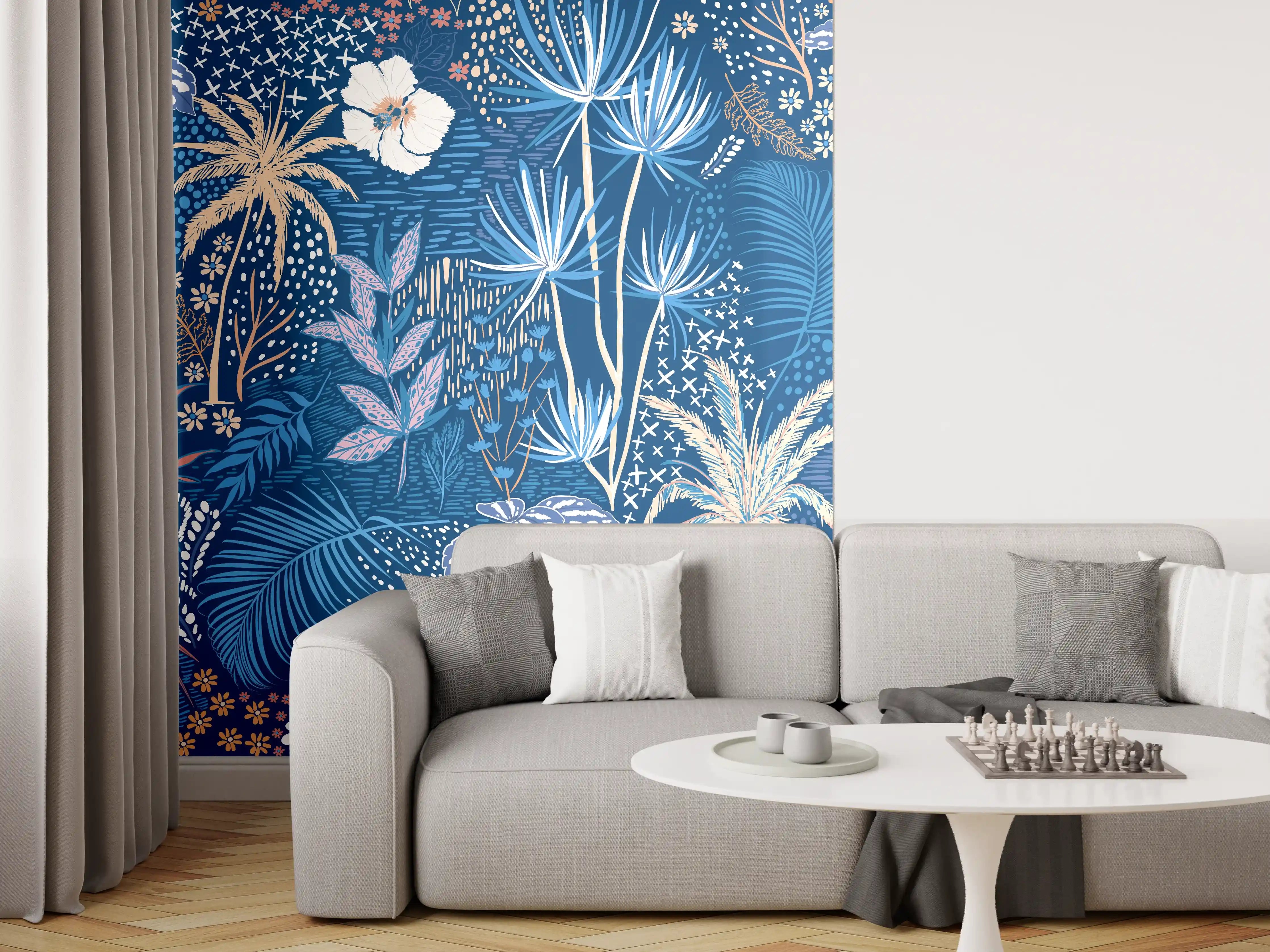 Wandverkleidung Wohnzimmer - Tropische Azurblätter