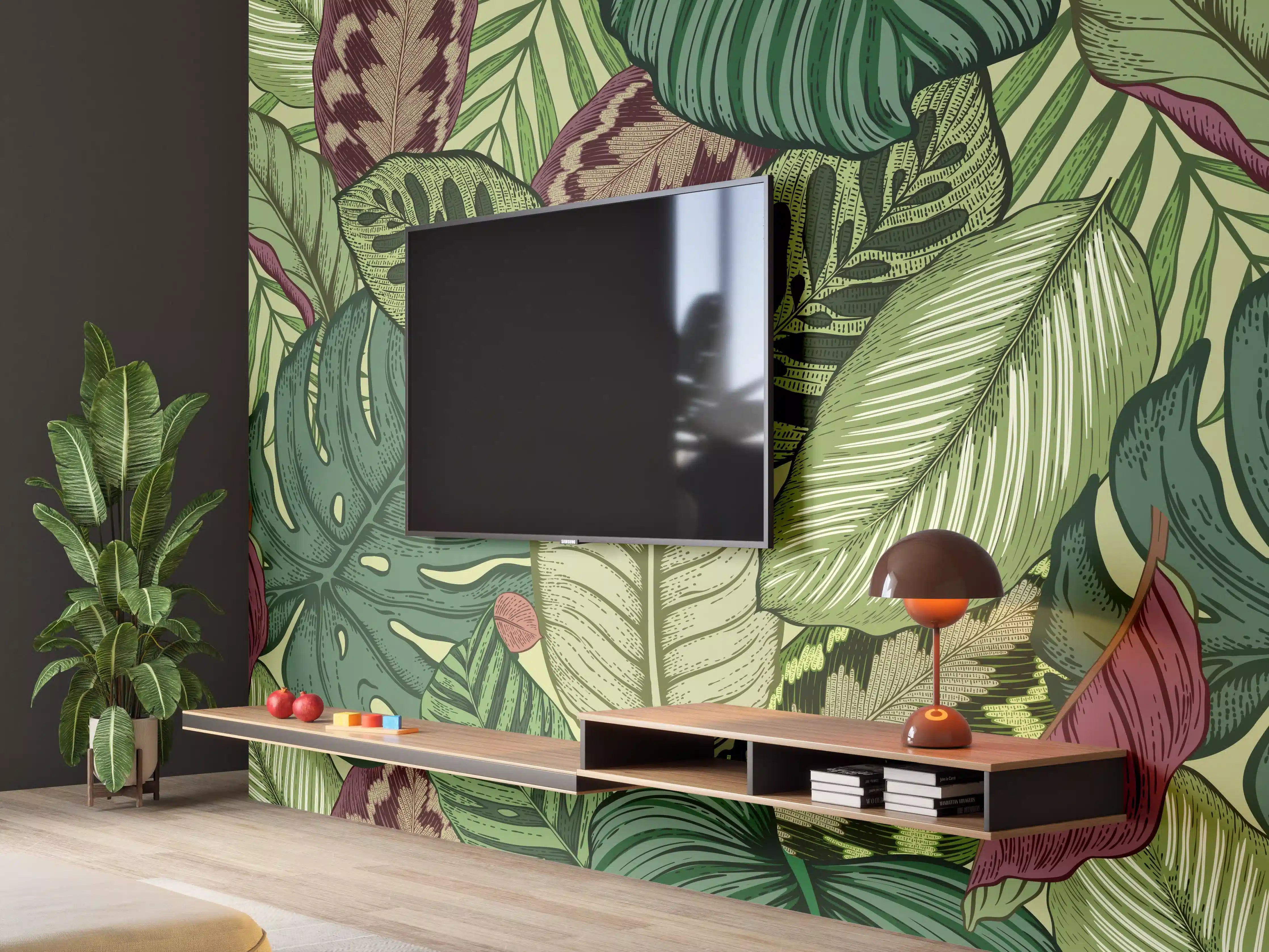 Wandverkleidung Wohnzimmer - Tropische Blätter Grün-Beige