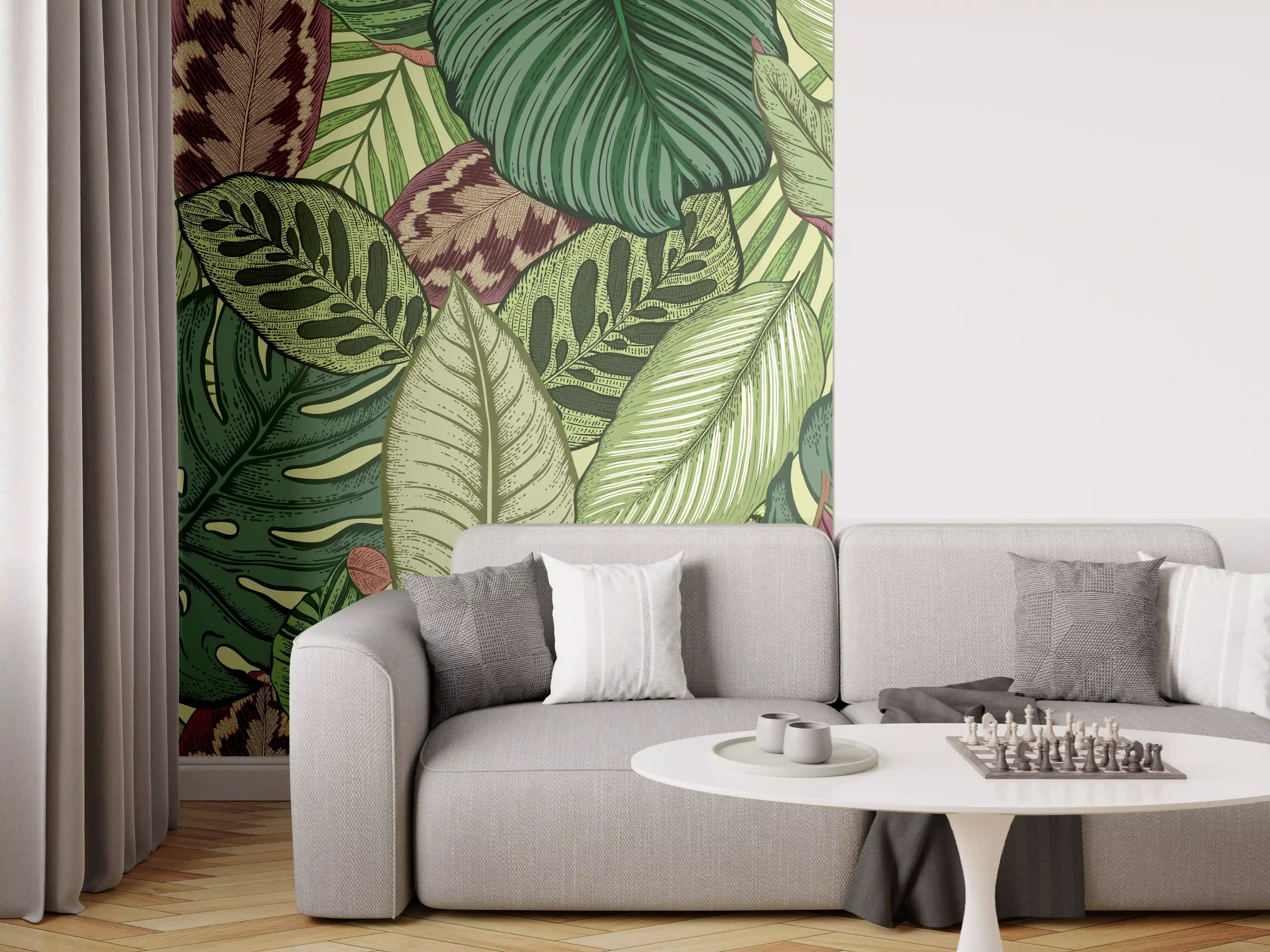 Wandverkleidung Wohnzimmer - Tropische Blätter Grün-Beige
