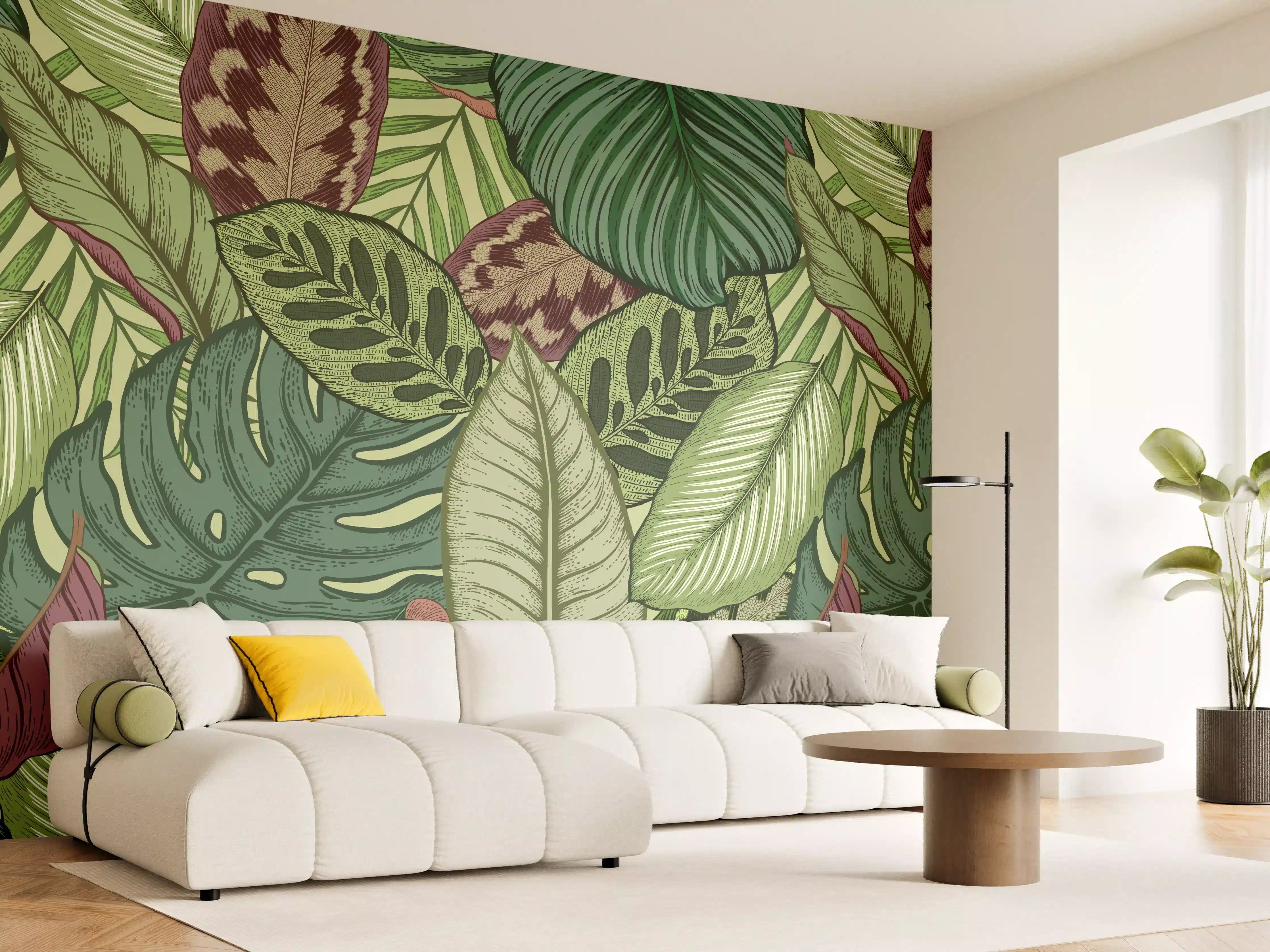 Wandverkleidung Wohnzimmer - Tropische Blätter Grün-Beige