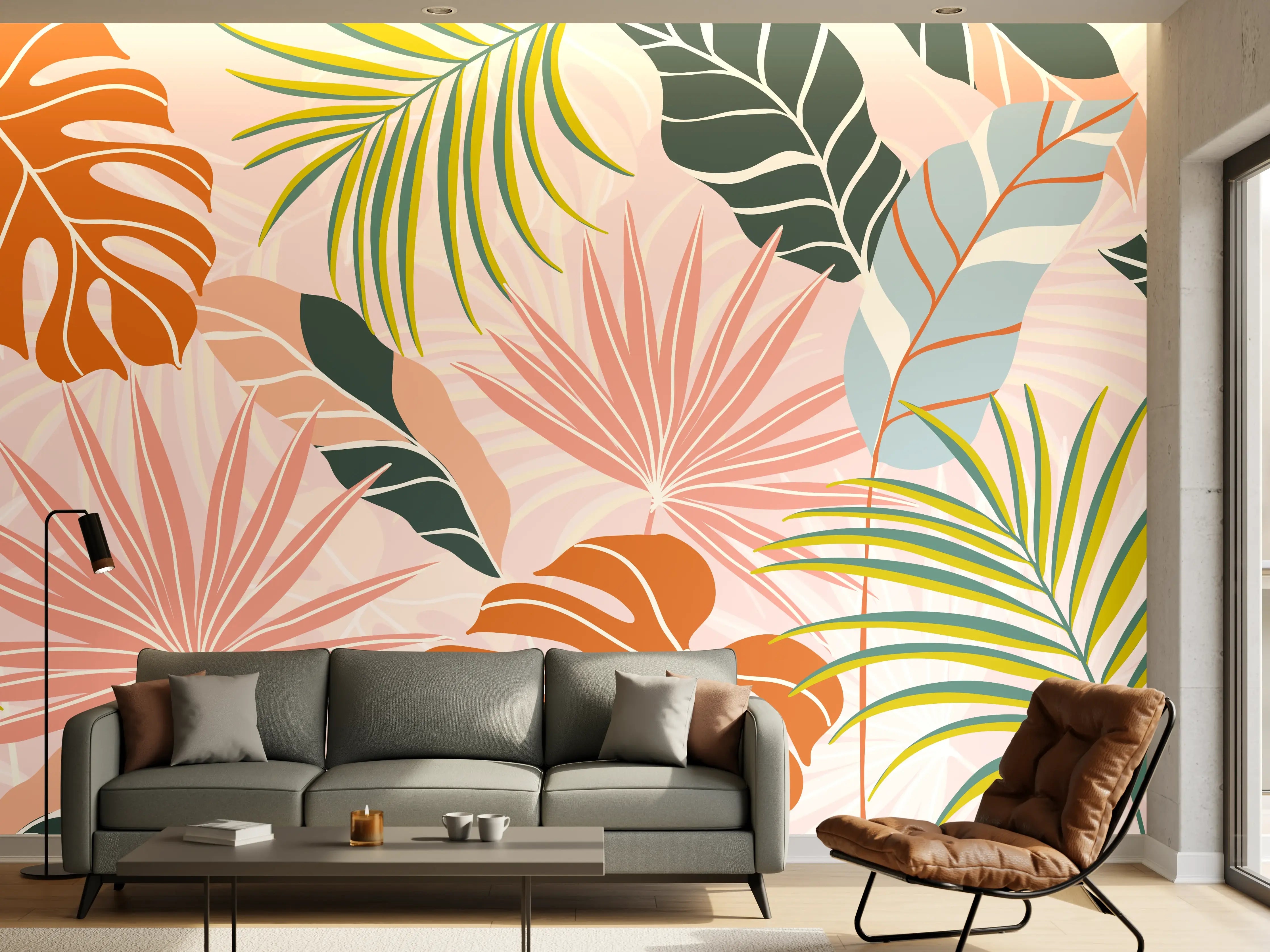 Wandverkleidung Wohnzimmer - Tropische Blätter Pastell Tapete