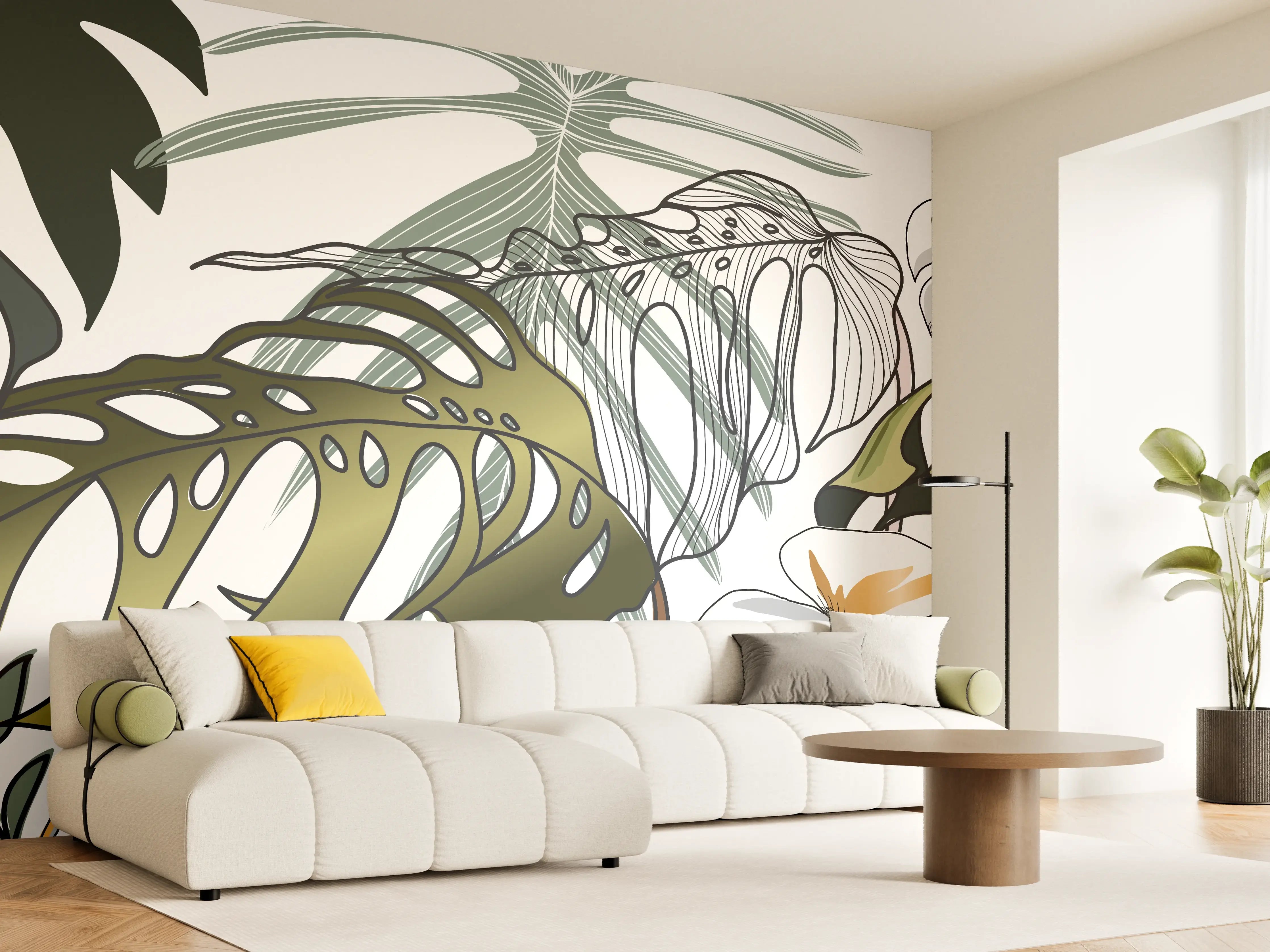 Wandverkleidung Wohnzimmer - Tropische Blätter
