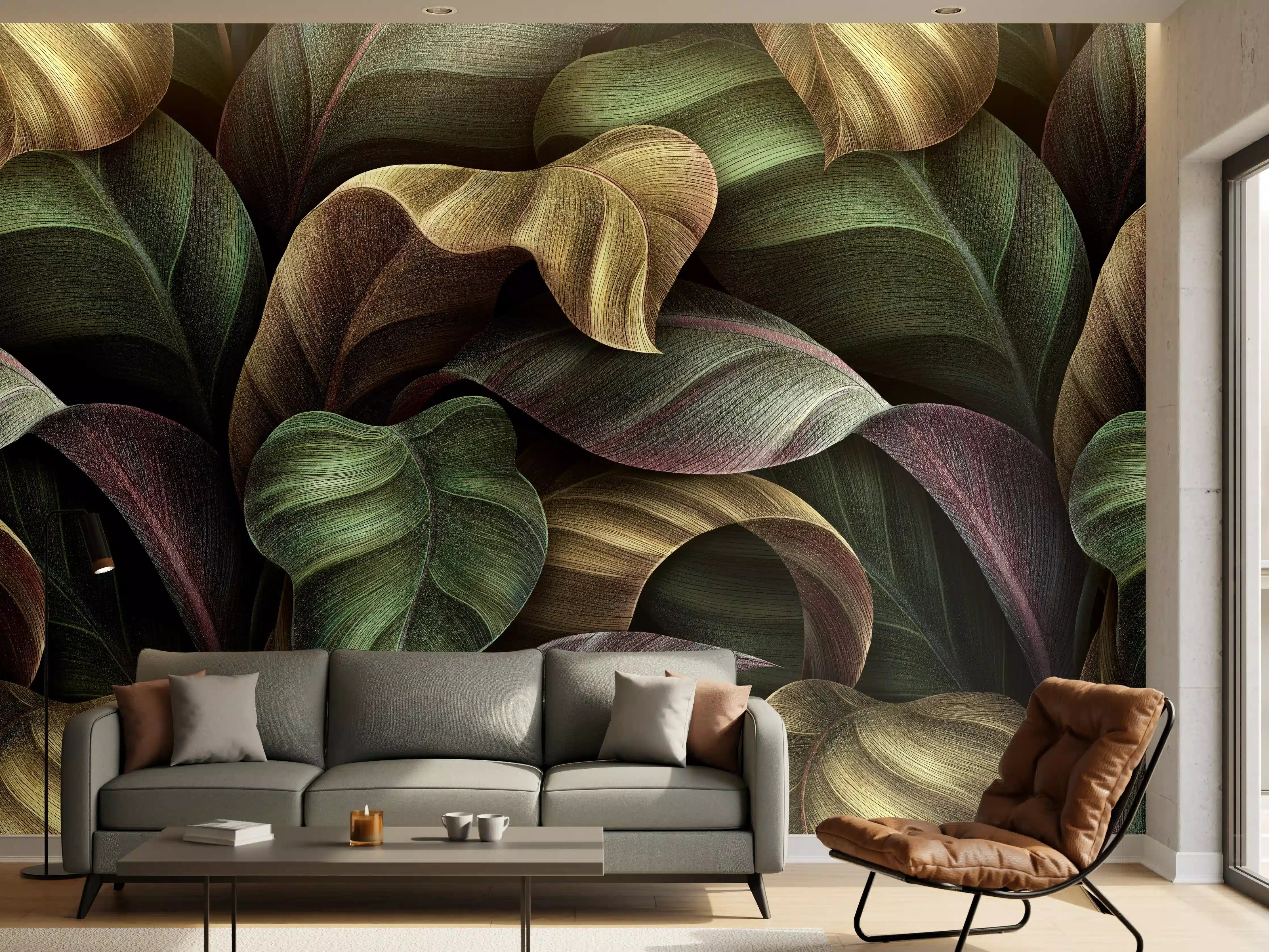 Wandverkleidung Wohnzimmer - Tropische Blätter in Gold - Malerei