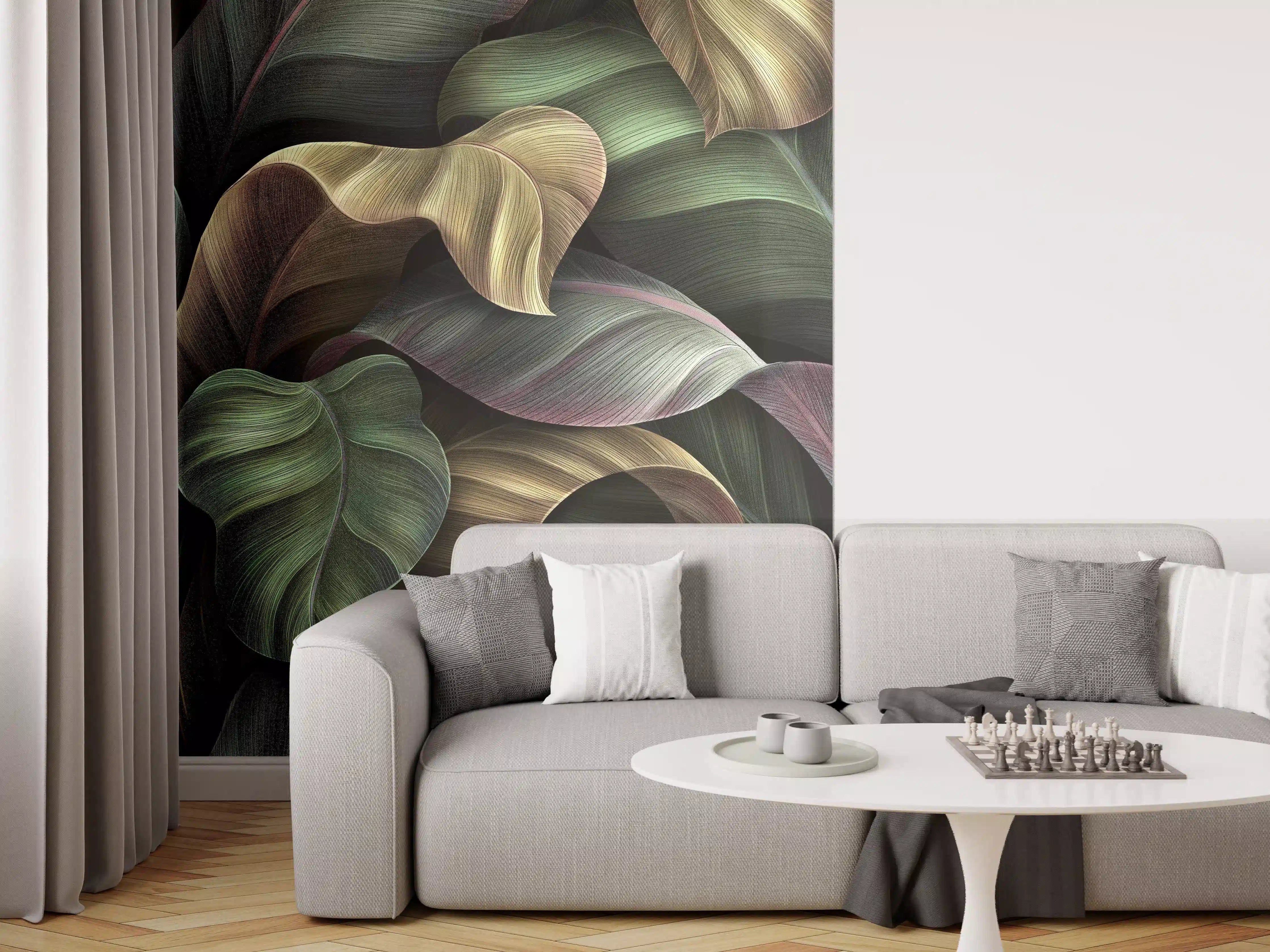 Wandverkleidung Wohnzimmer - Tropische Blätter in Gold - Malerei