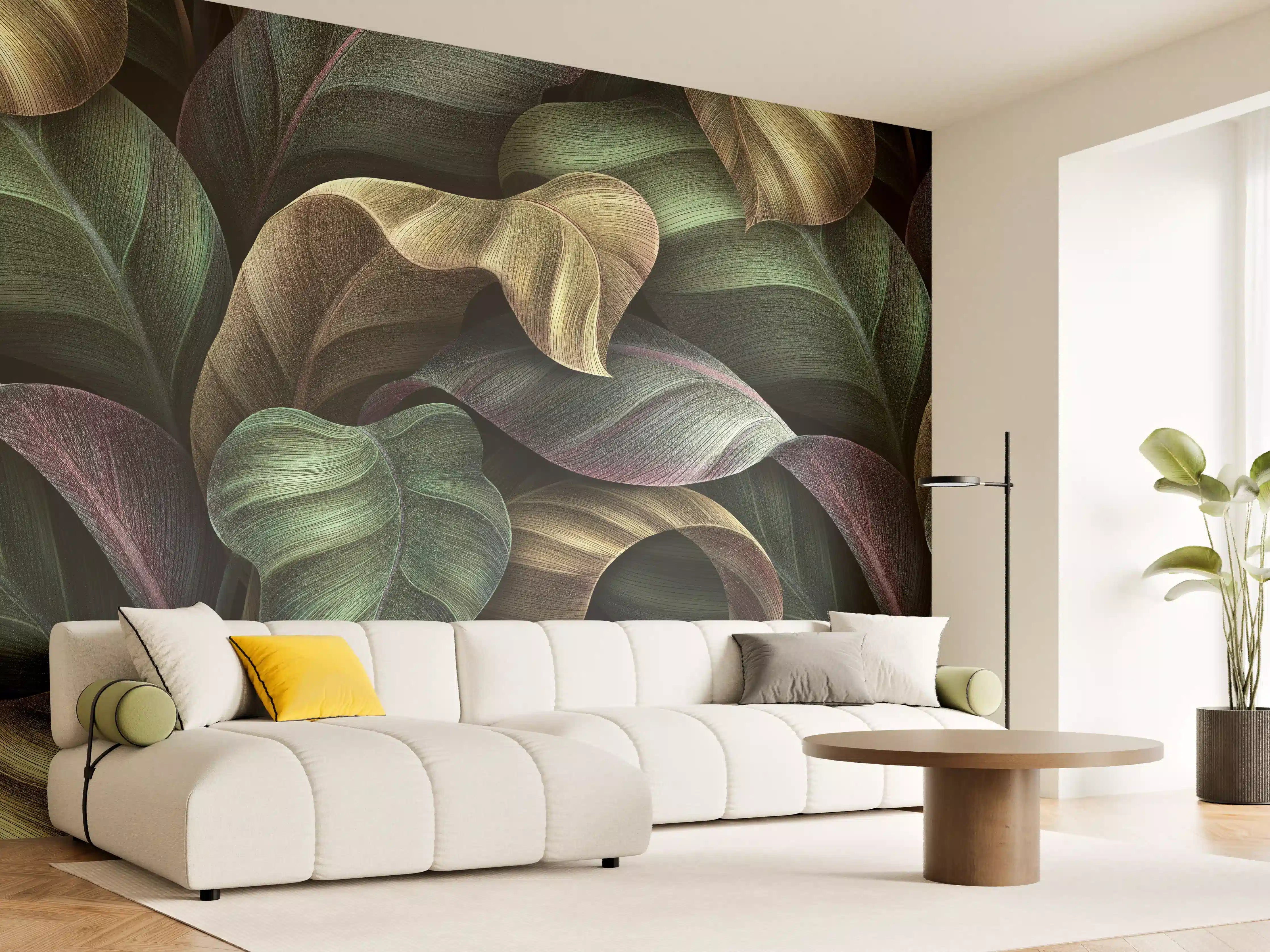 Wandverkleidung Wohnzimmer - Tropische Blätter in Gold - Malerei