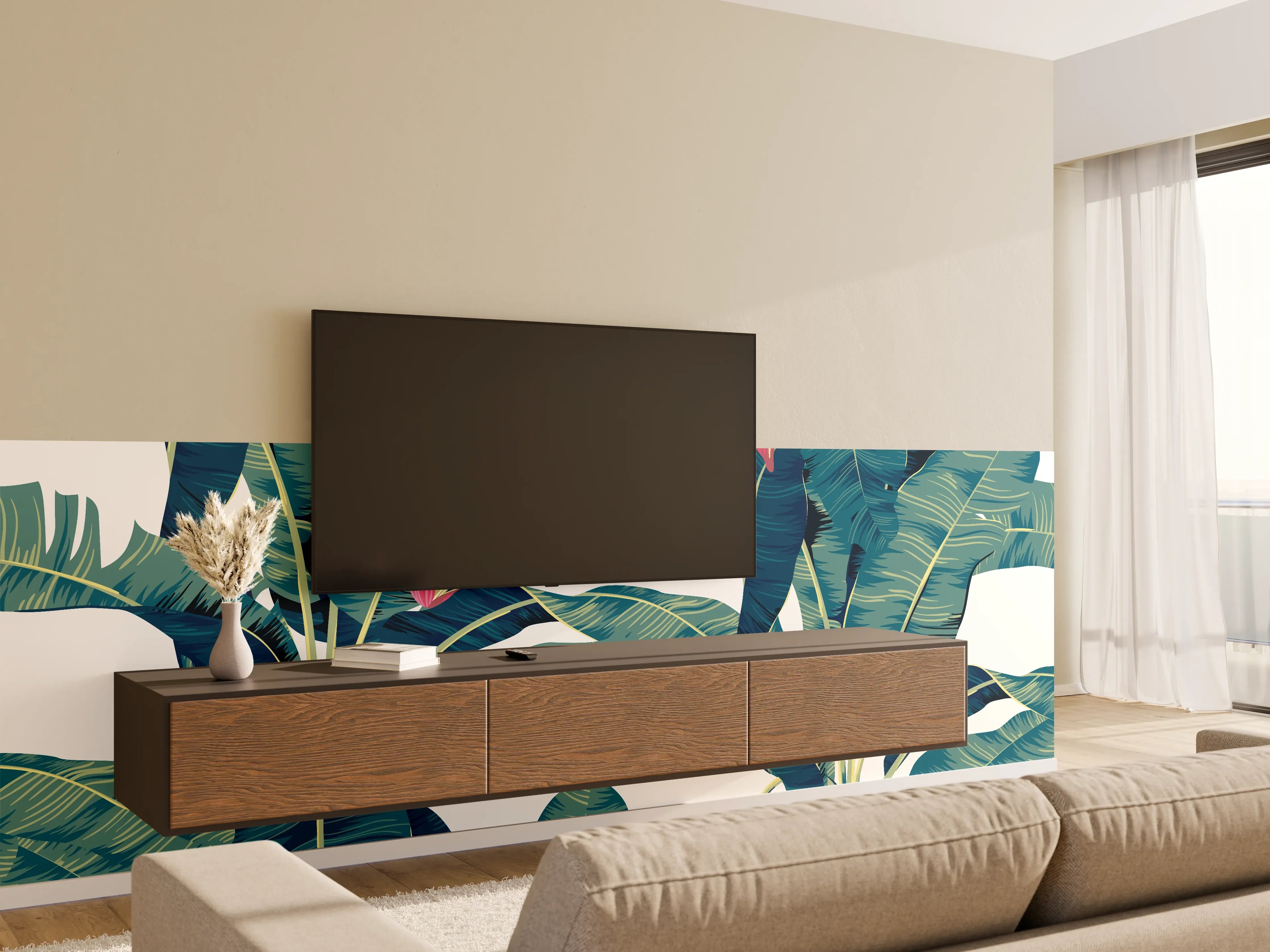 Wandverkleidung Wohnzimmer - Tropische Blätter in Grün