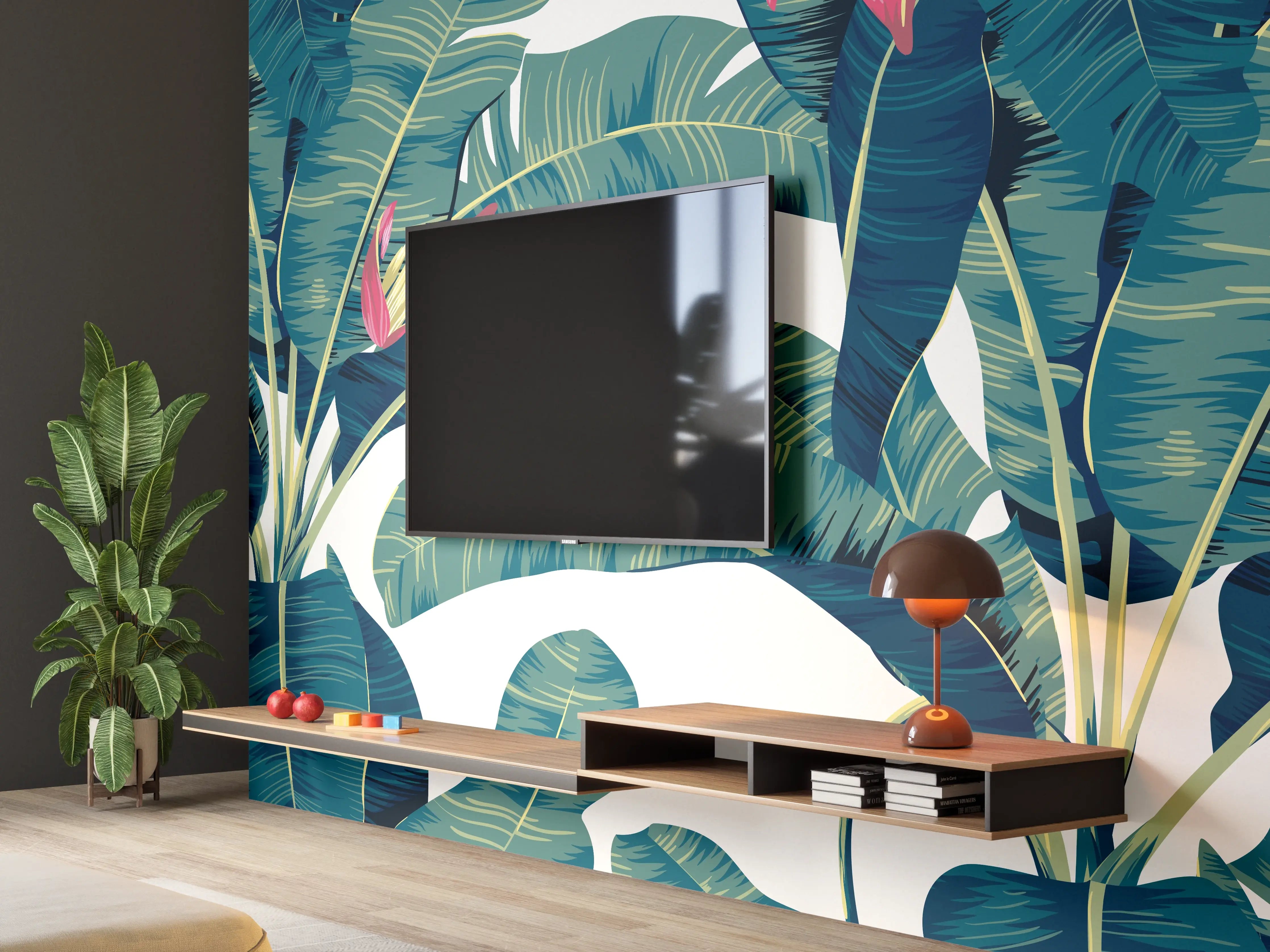 Wandverkleidung Wohnzimmer - Tropische Blätter in Grün