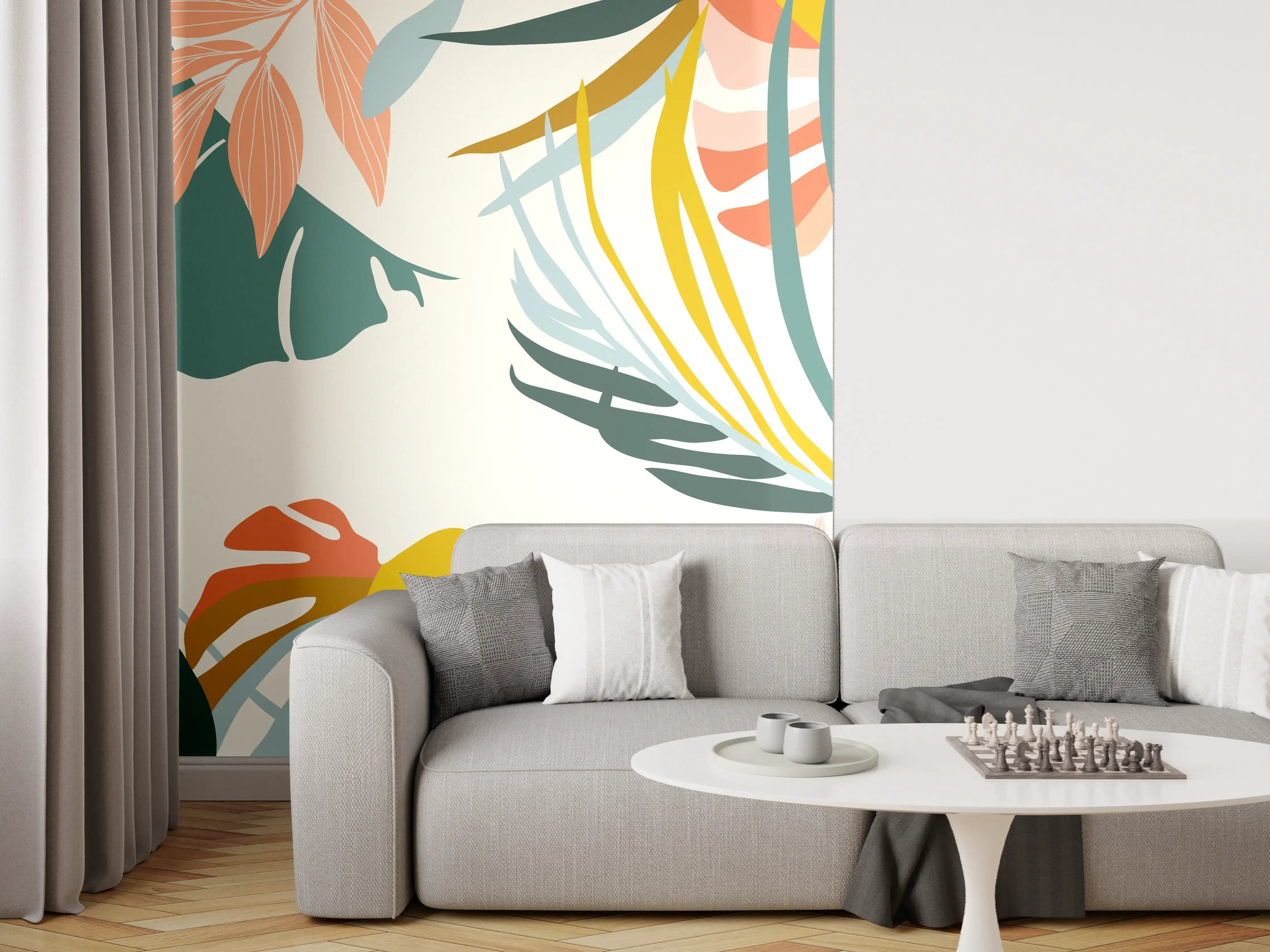 Wandverkleidung Wohnzimmer - Tropische Blatt Illustration Pastell