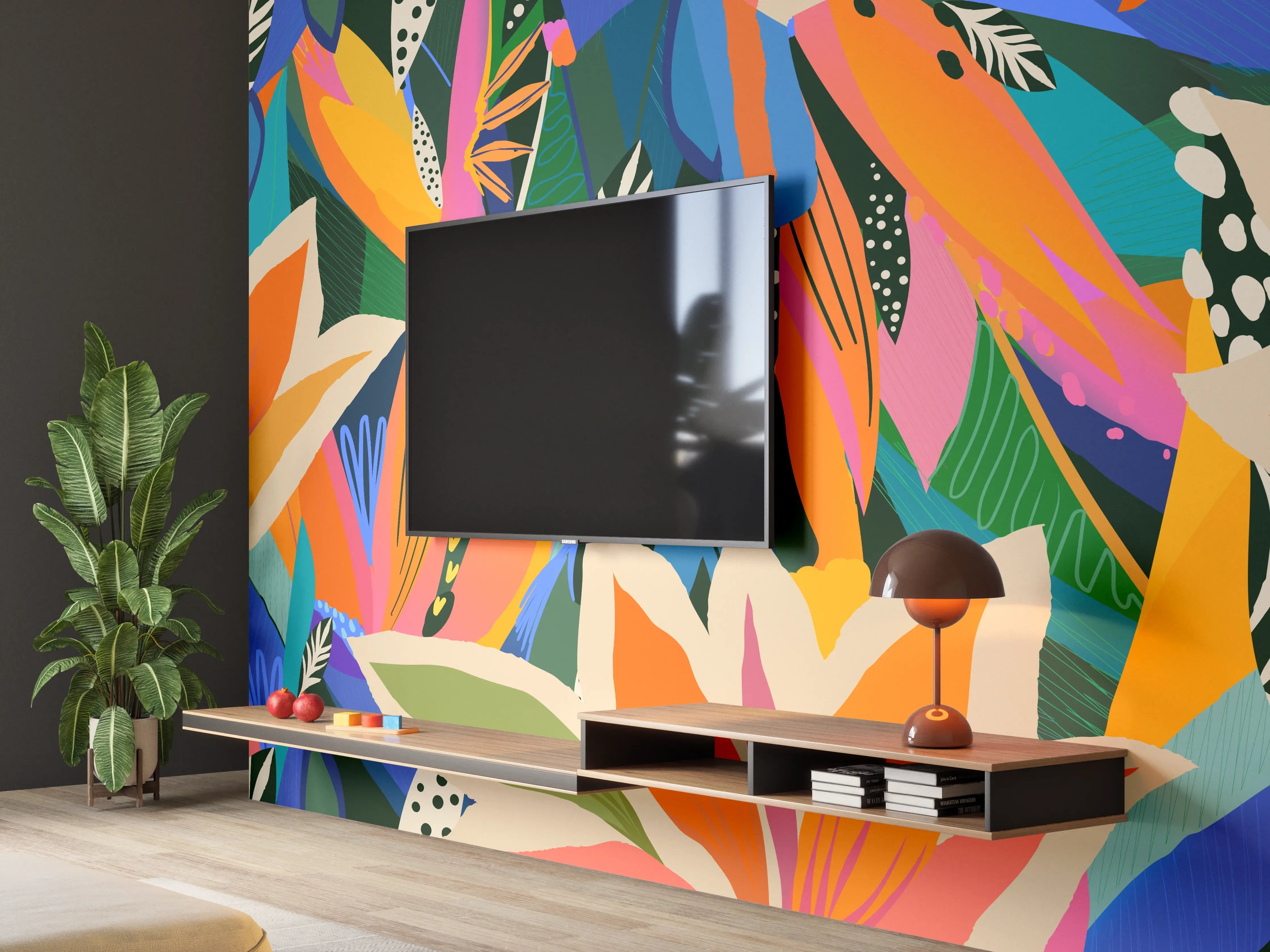 Wandverkleidung Wohnzimmer - Tropische Blüten Blau-Orange-Grün