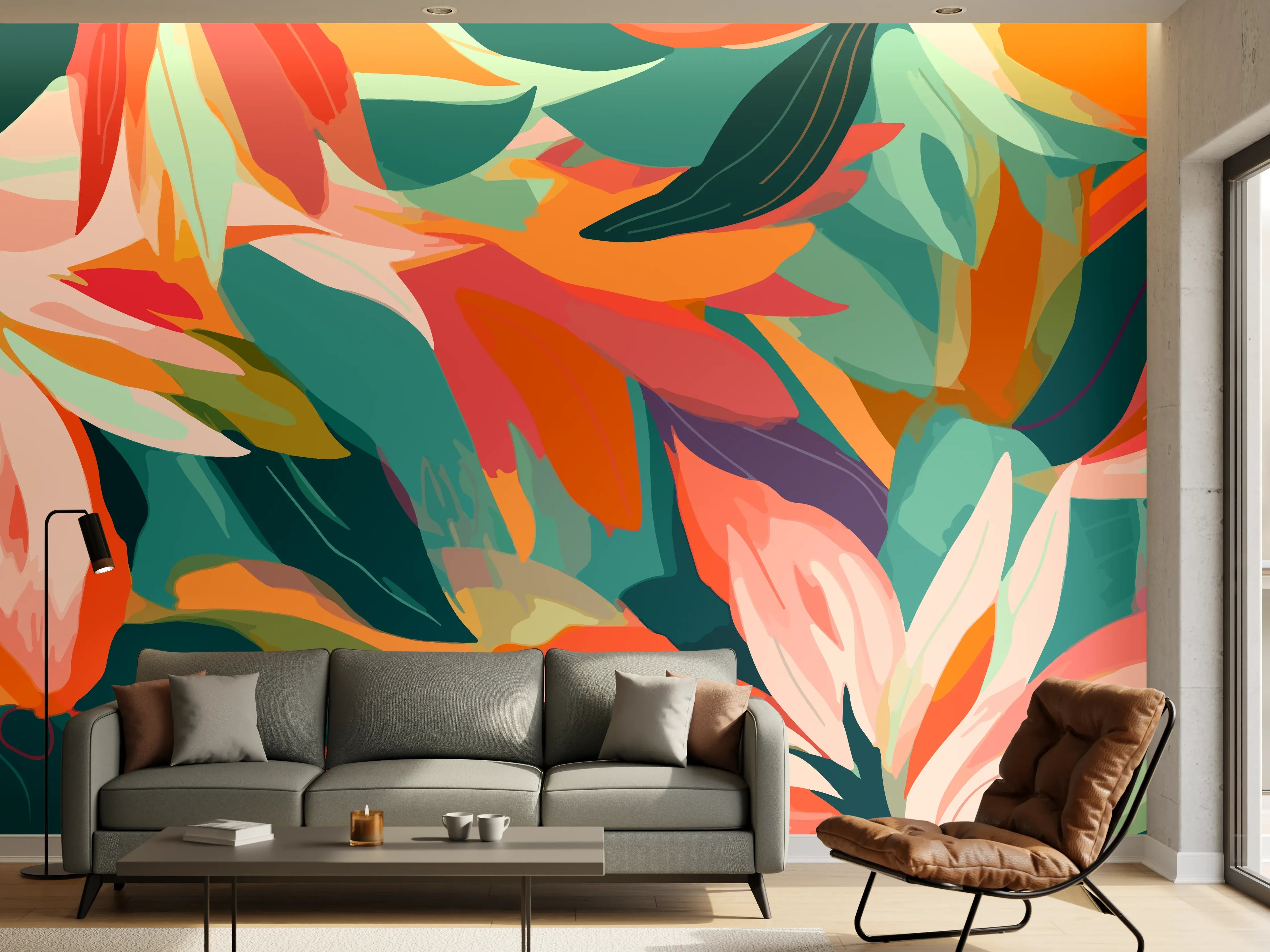 Wandverkleidung Wohnzimmer - Tropische Blüten Türkis Koralle