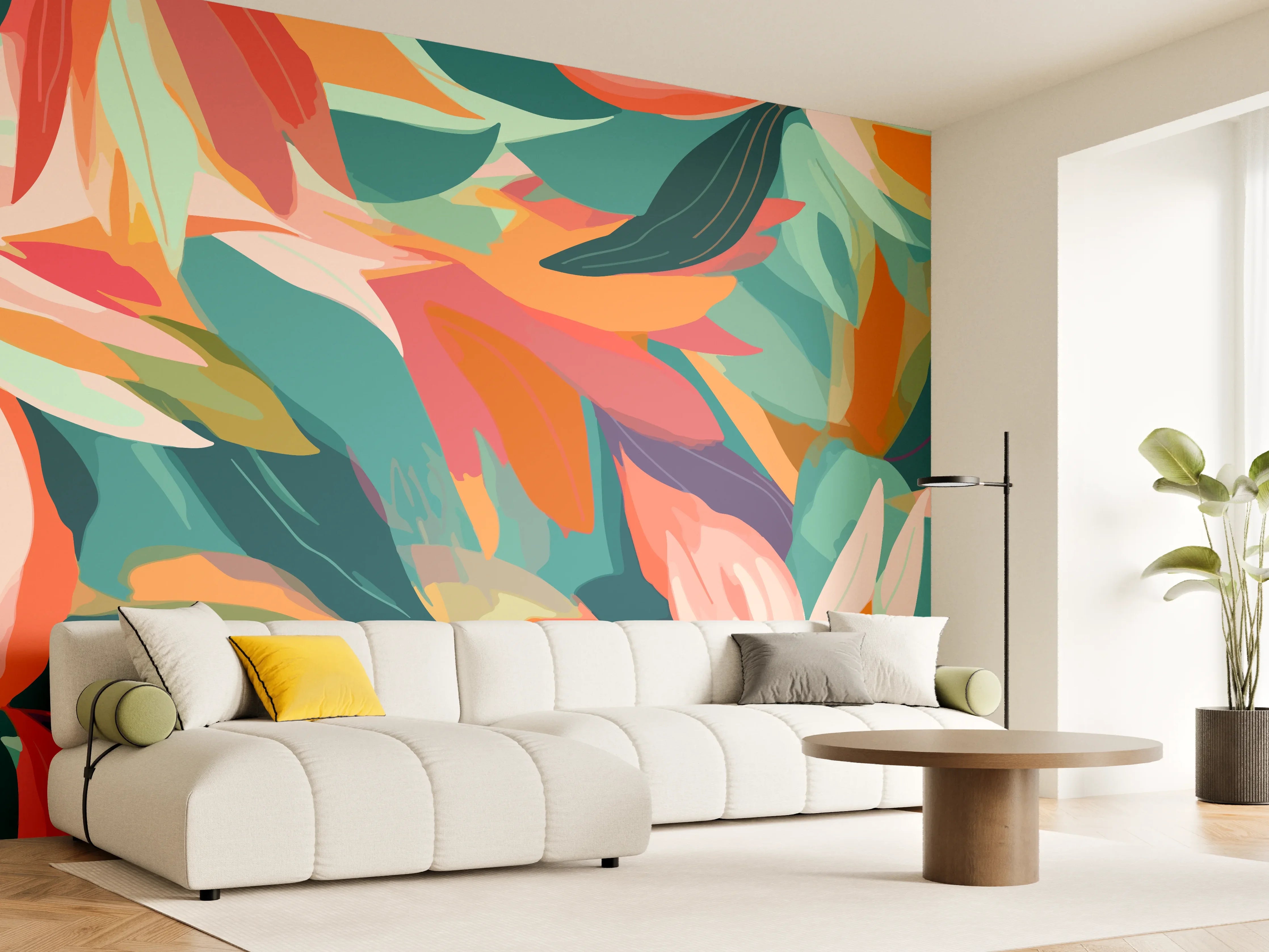 Wandverkleidung Wohnzimmer - Tropische Blüten Türkis Koralle