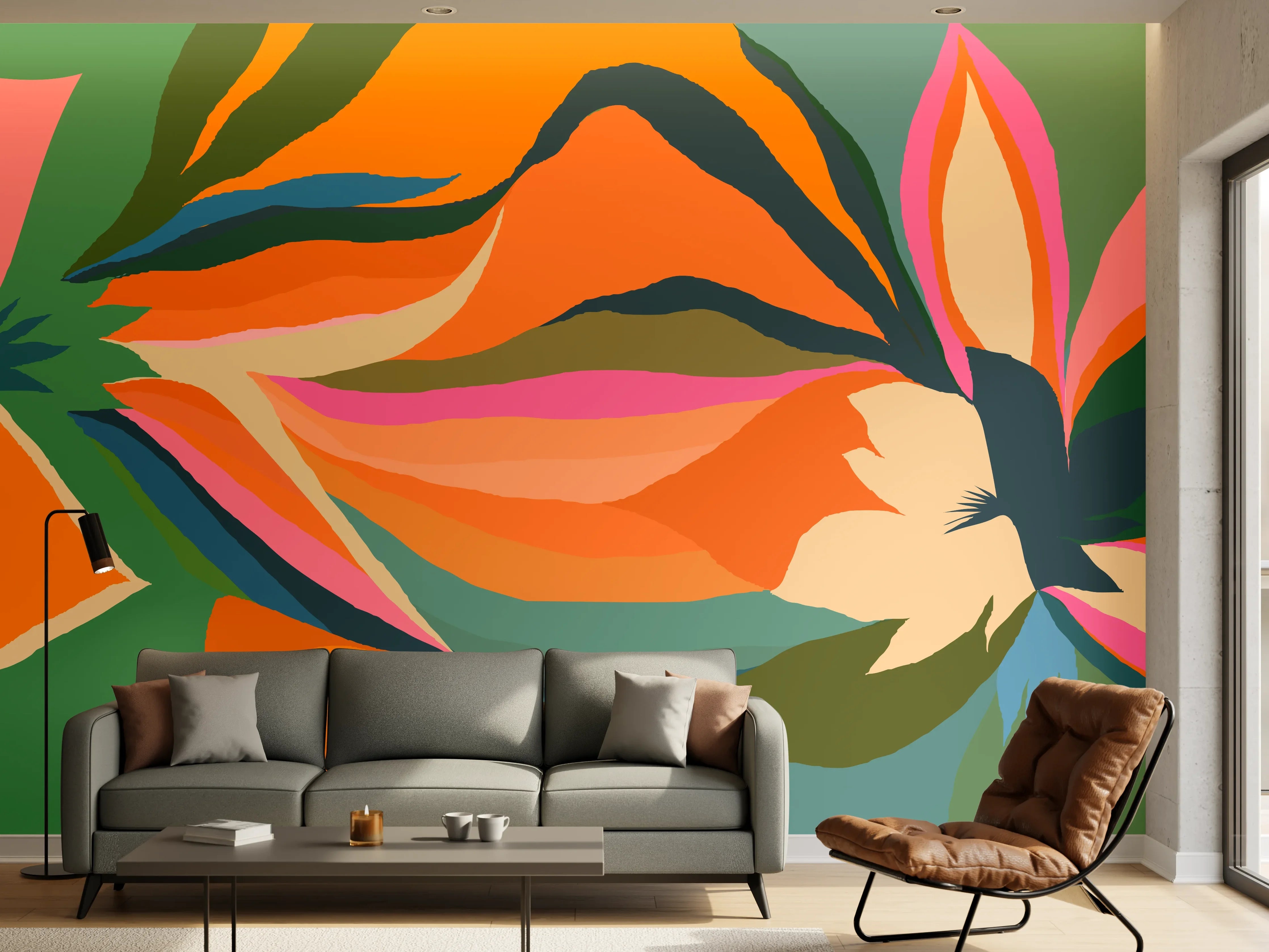 Wandverkleidung Wohnzimmer - Tropische Blüten in Orange