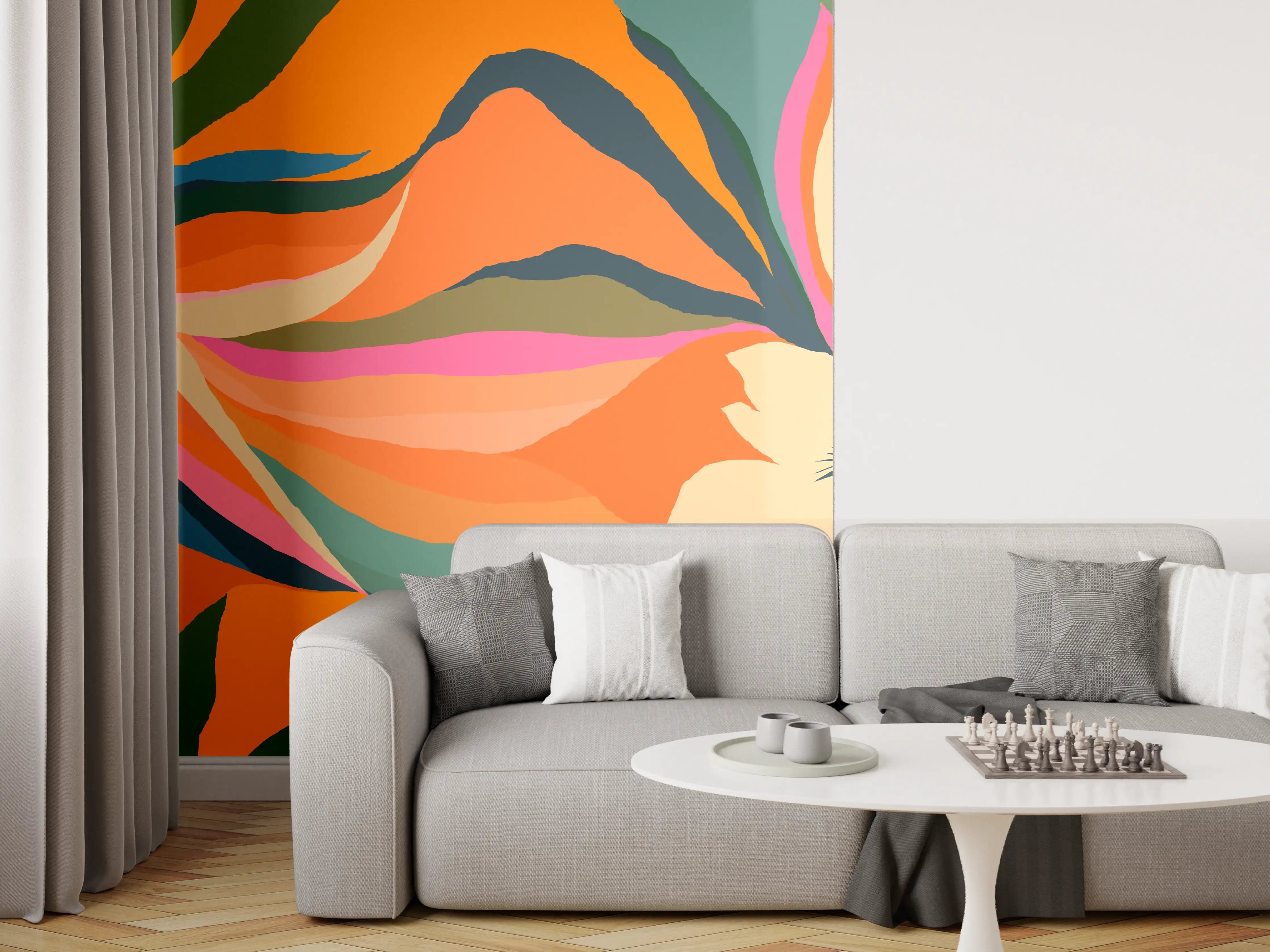 Wandverkleidung Wohnzimmer - Tropische Blüten in Orange