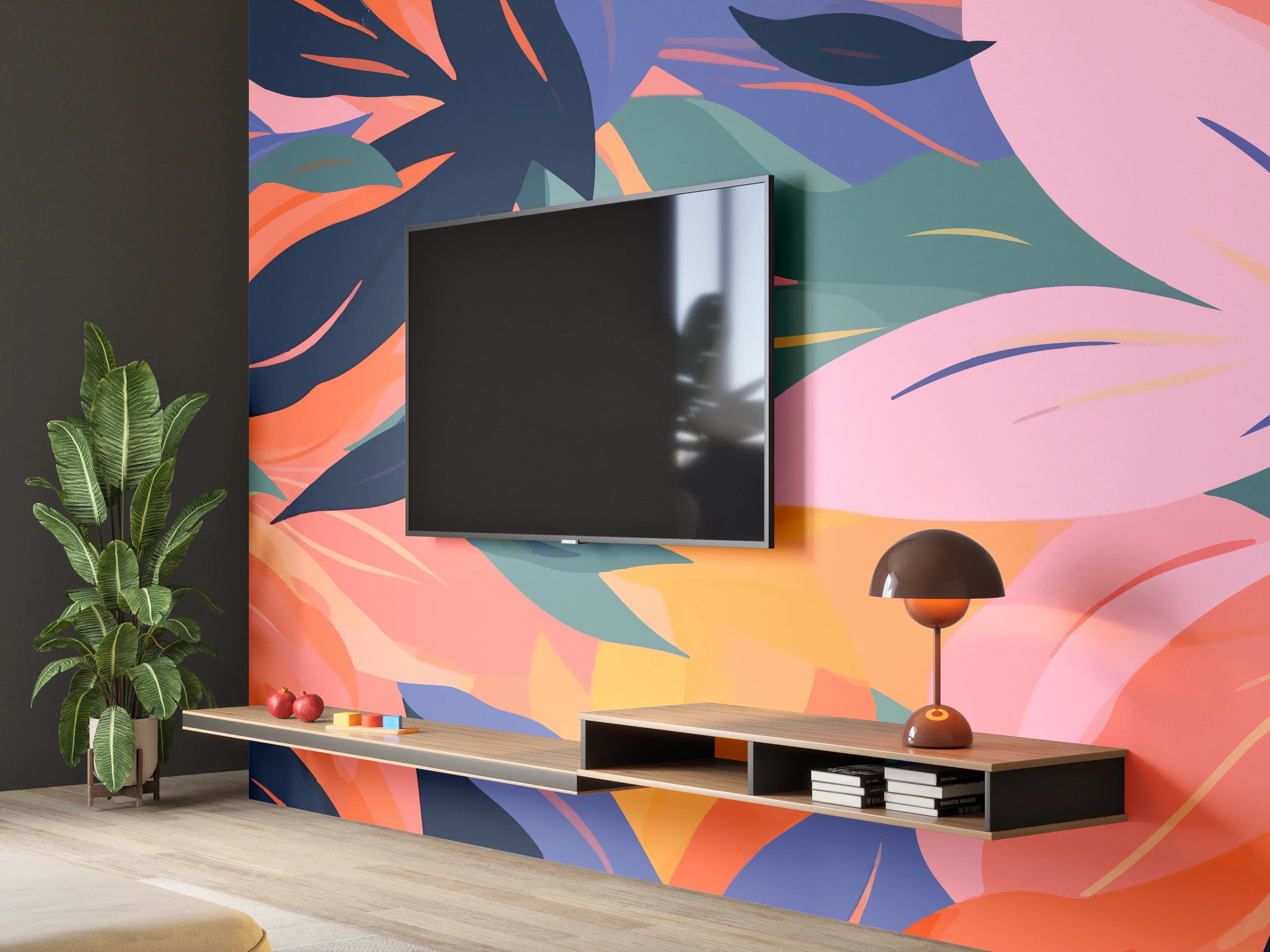Wandverkleidung Wohnzimmer - Tropische Blütenblätter Bunt