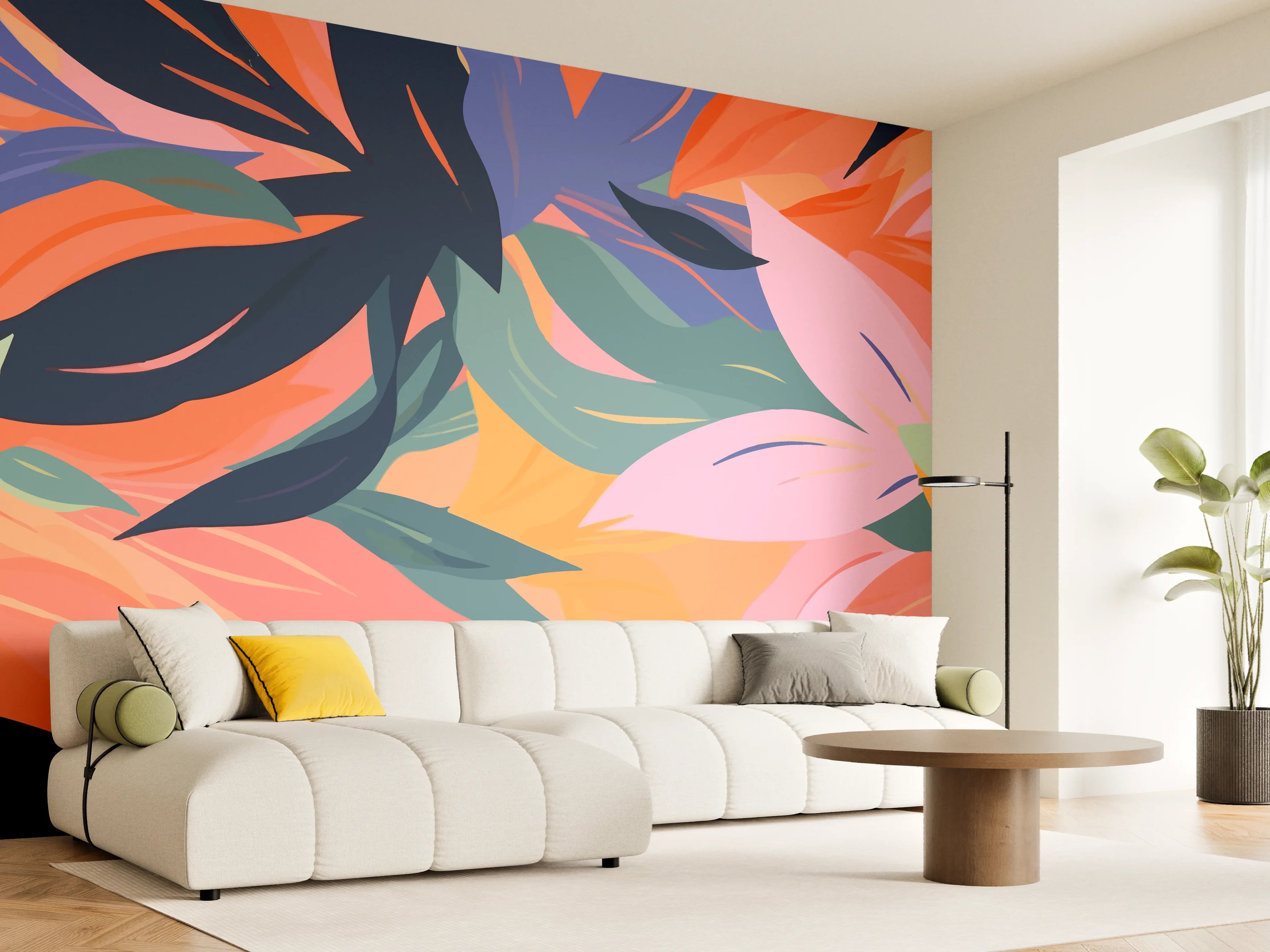 Wandverkleidung Wohnzimmer - Tropische Blütenblätter Bunt