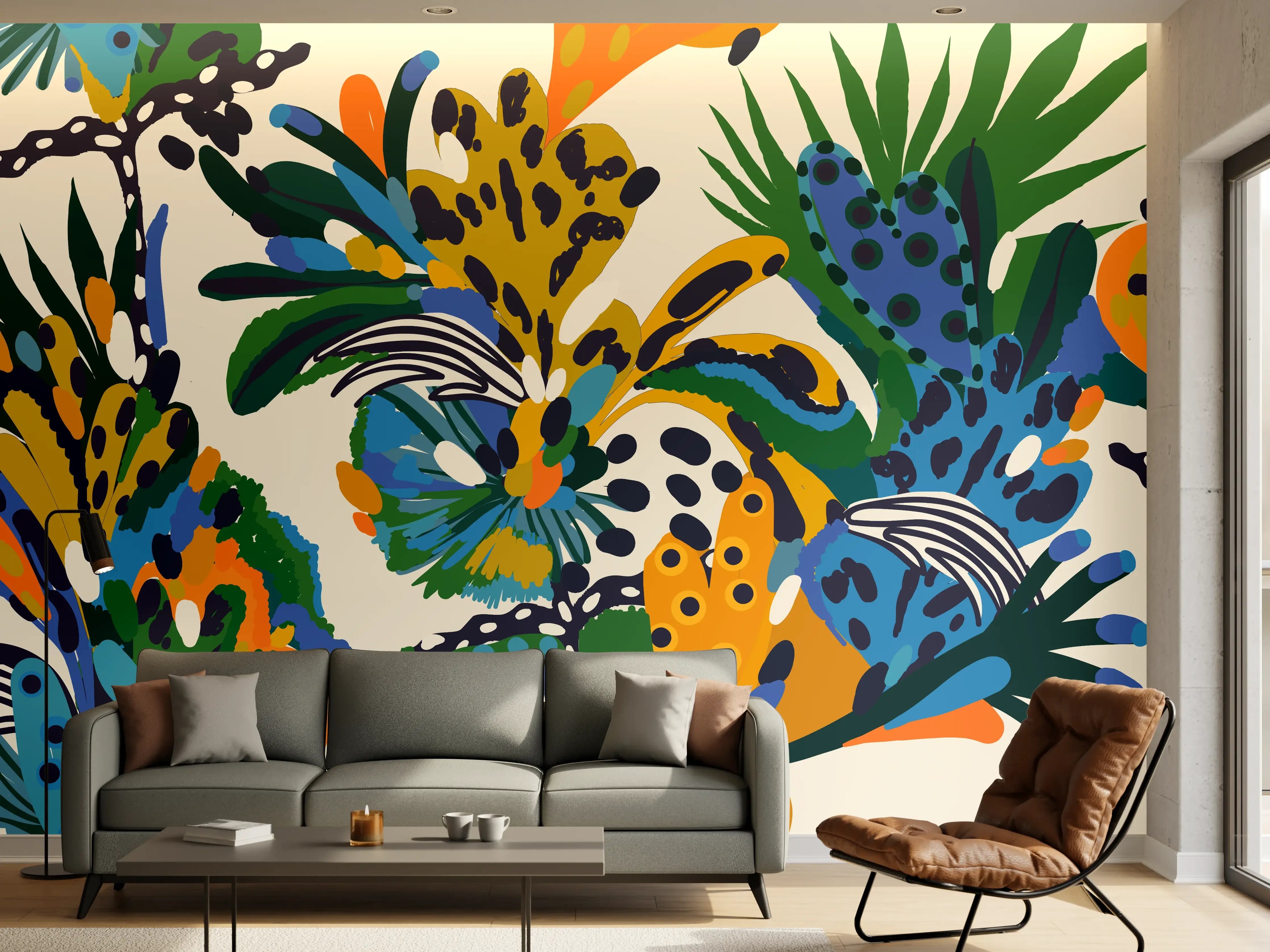 Wandverkleidung Wohnzimmer - Tropische Blumen Blau Grün Orange