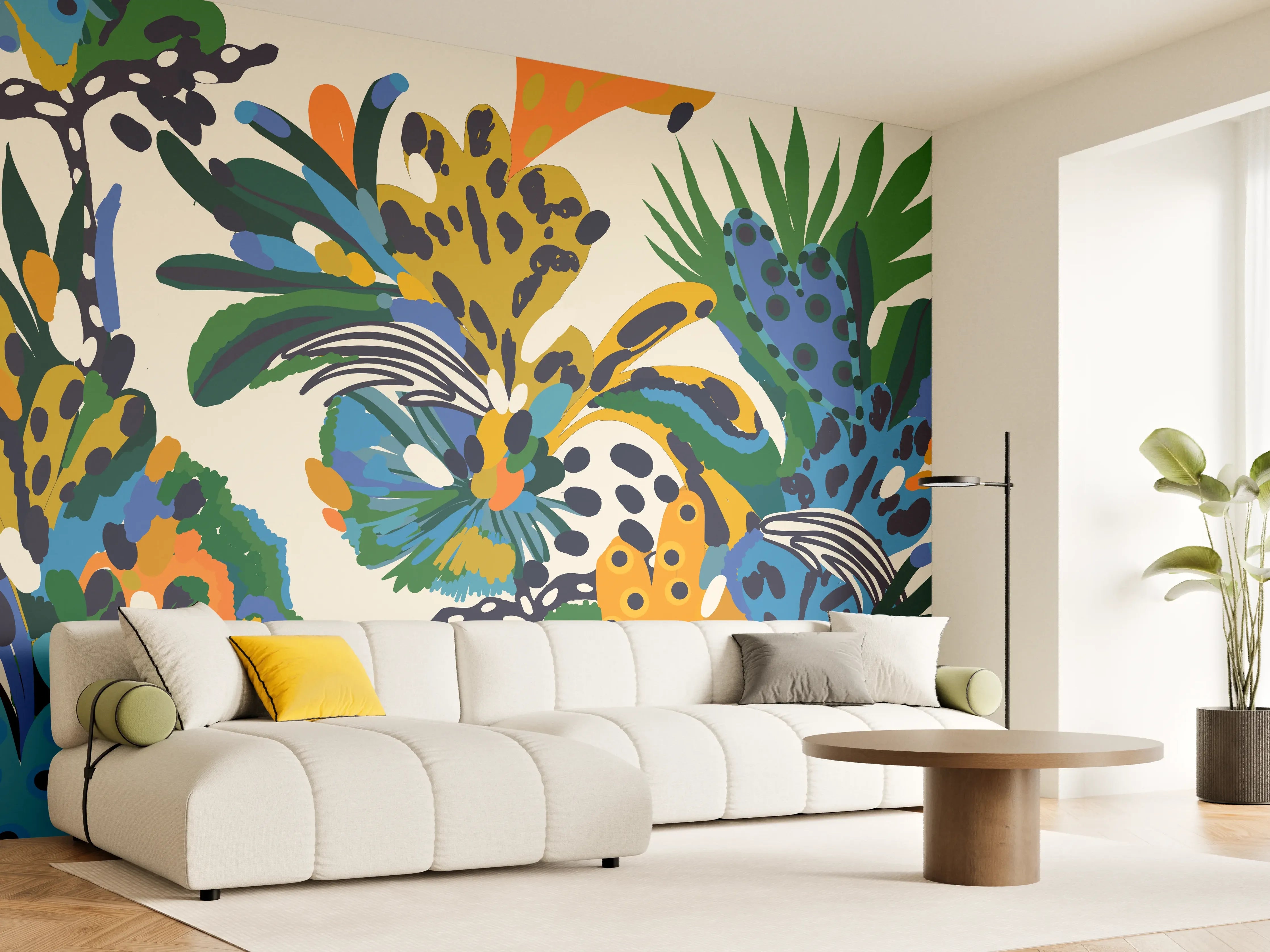 Wandverkleidung Wohnzimmer - Tropische Blumen Blau Grün Orange