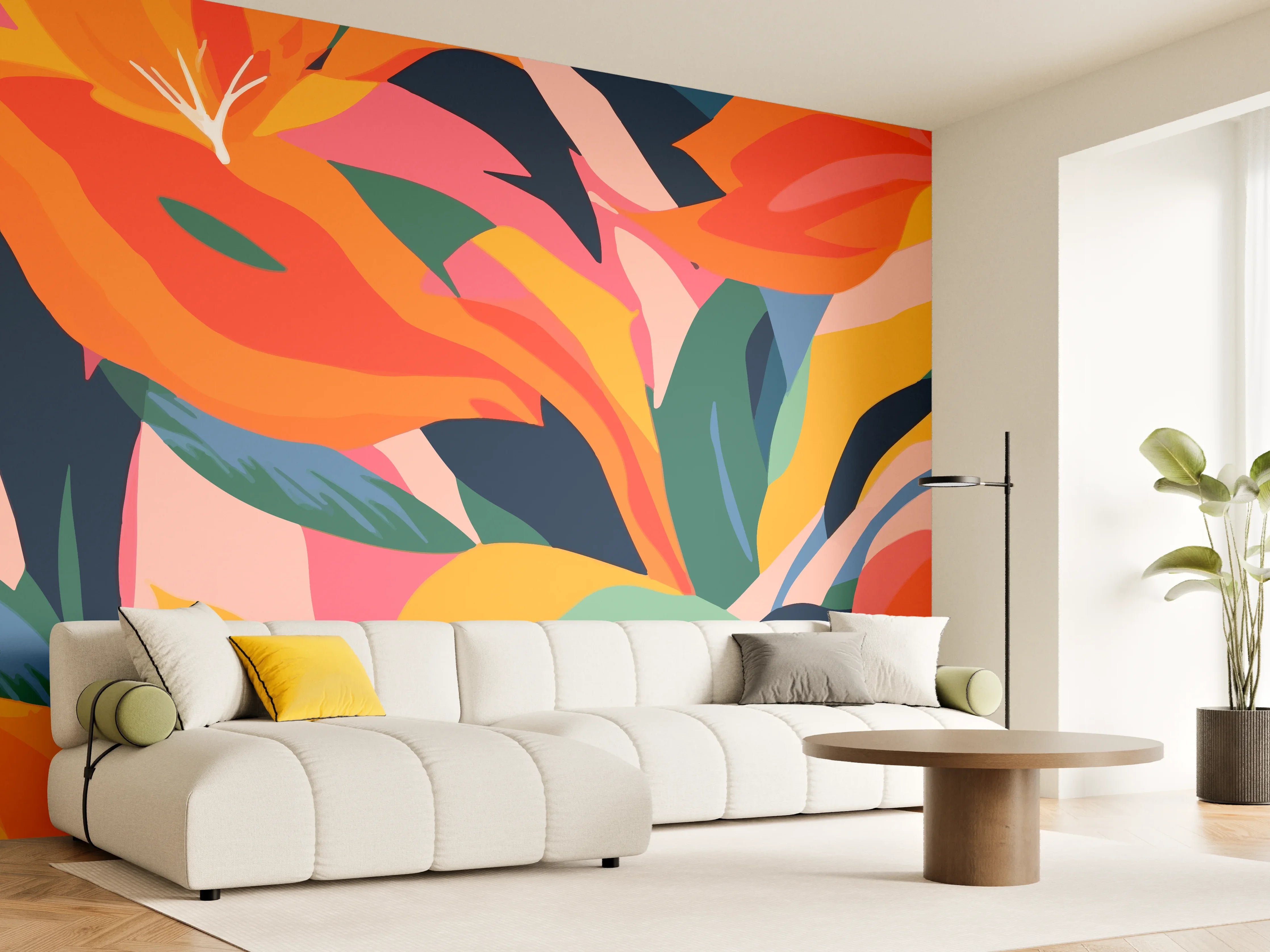 Wandverkleidung Wohnzimmer - Tropische Bunte Blumenillustration