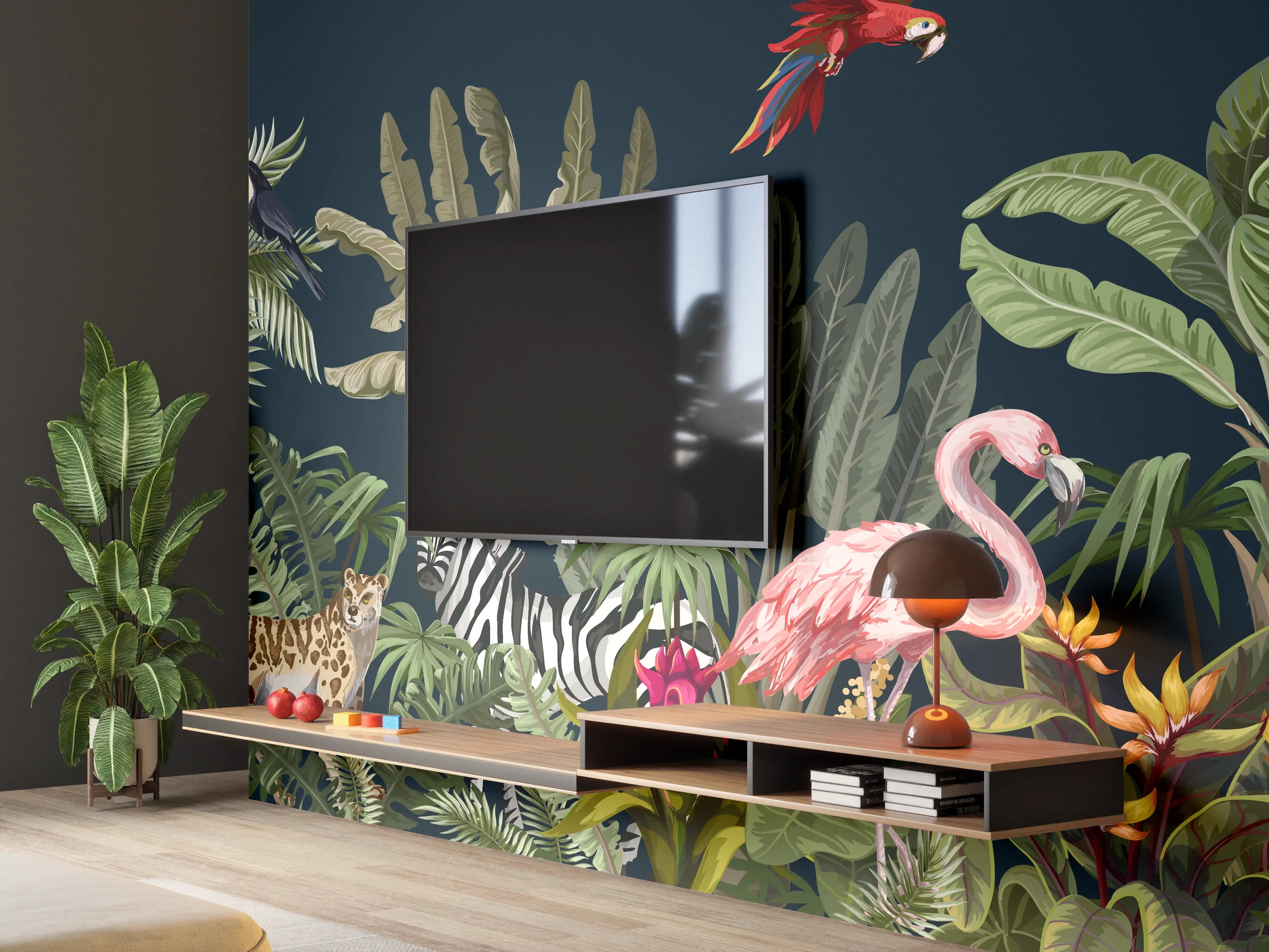 Wandverkleidung Wohnzimmer - Tropische Dschungel Tiermotive