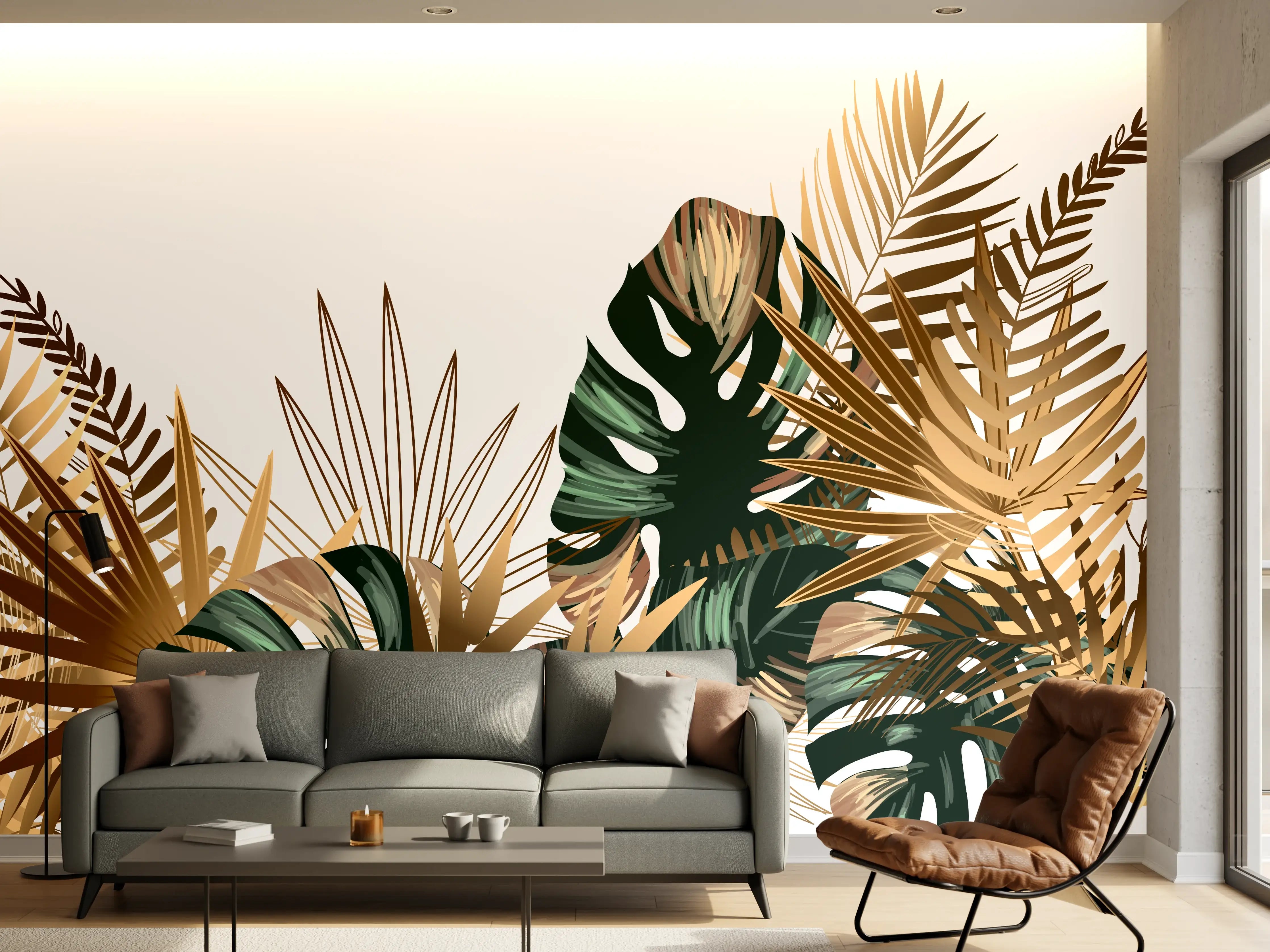 Wandverkleidung Wohnzimmer - Tropische Gold-Palmen Dekor