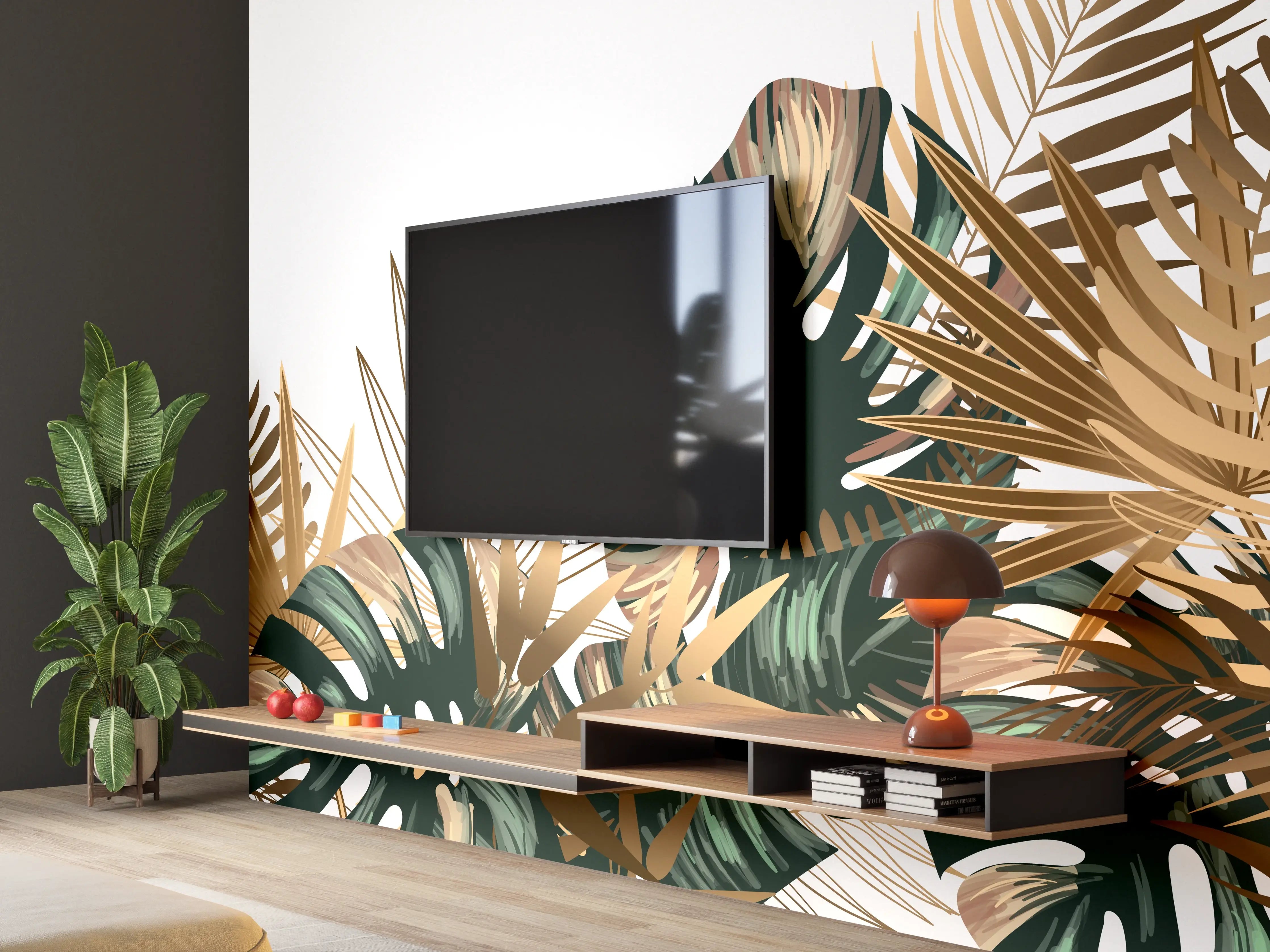 Wandverkleidung Wohnzimmer - Tropische Gold-Palmen Dekor
