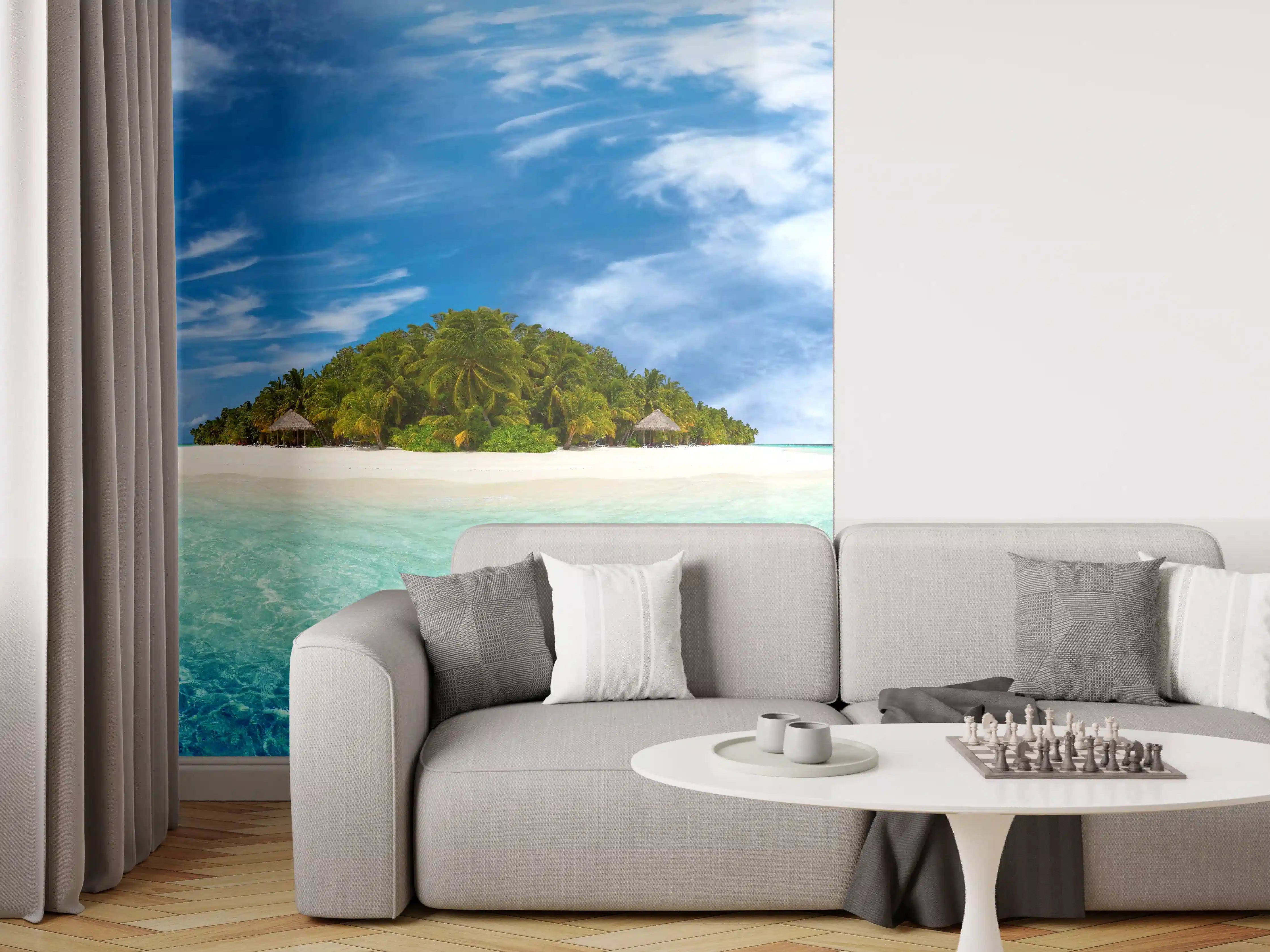 Wandverkleidung Wohnzimmer - Tropische Insel mit Kokospalmen