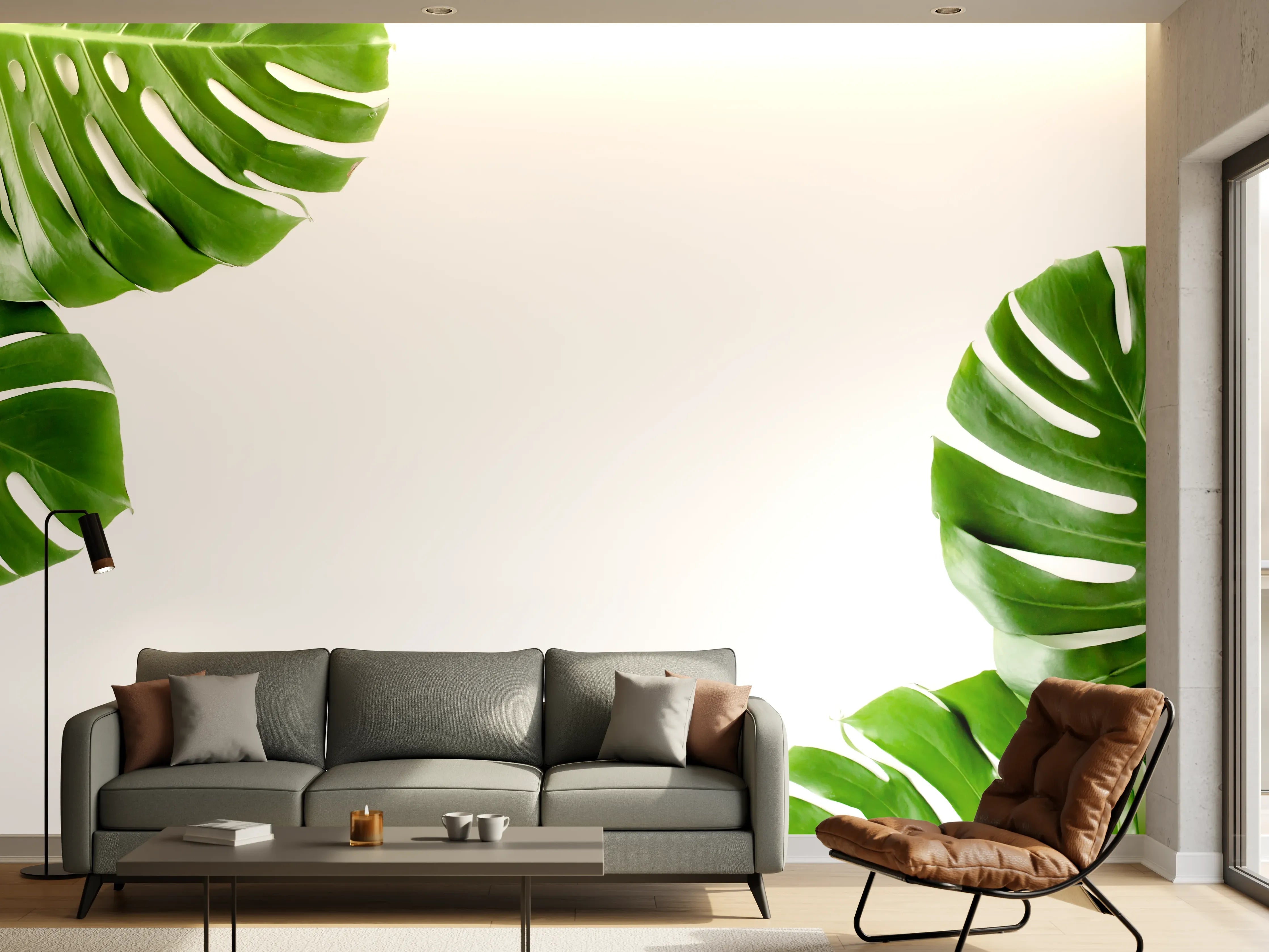 Wandverkleidung Wohnzimmer - Tropische Palmenblätter auf weißem Hintergrund