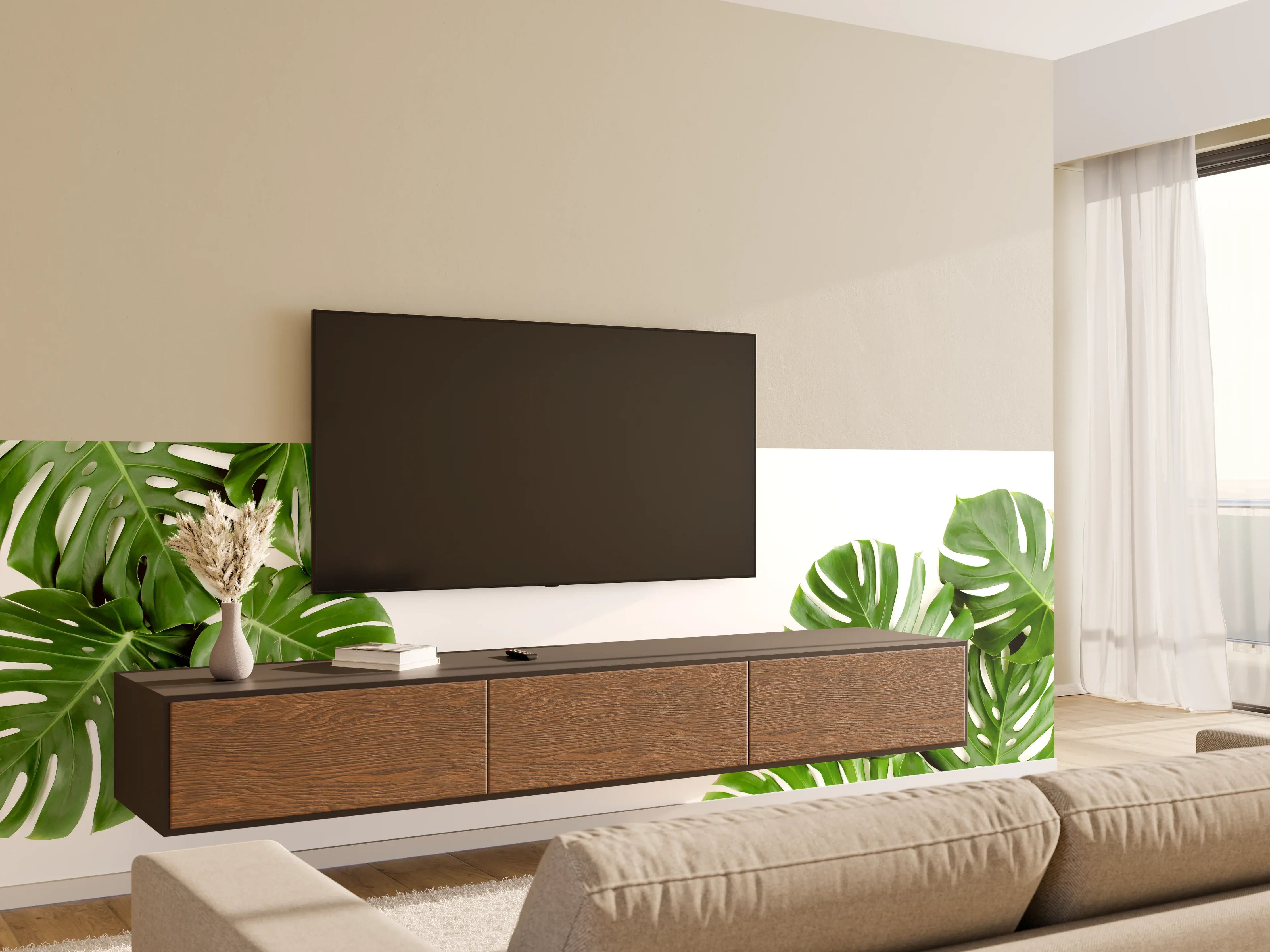 Wandverkleidung Wohnzimmer - Tropische Palmenblätter auf weißem Hintergrund
