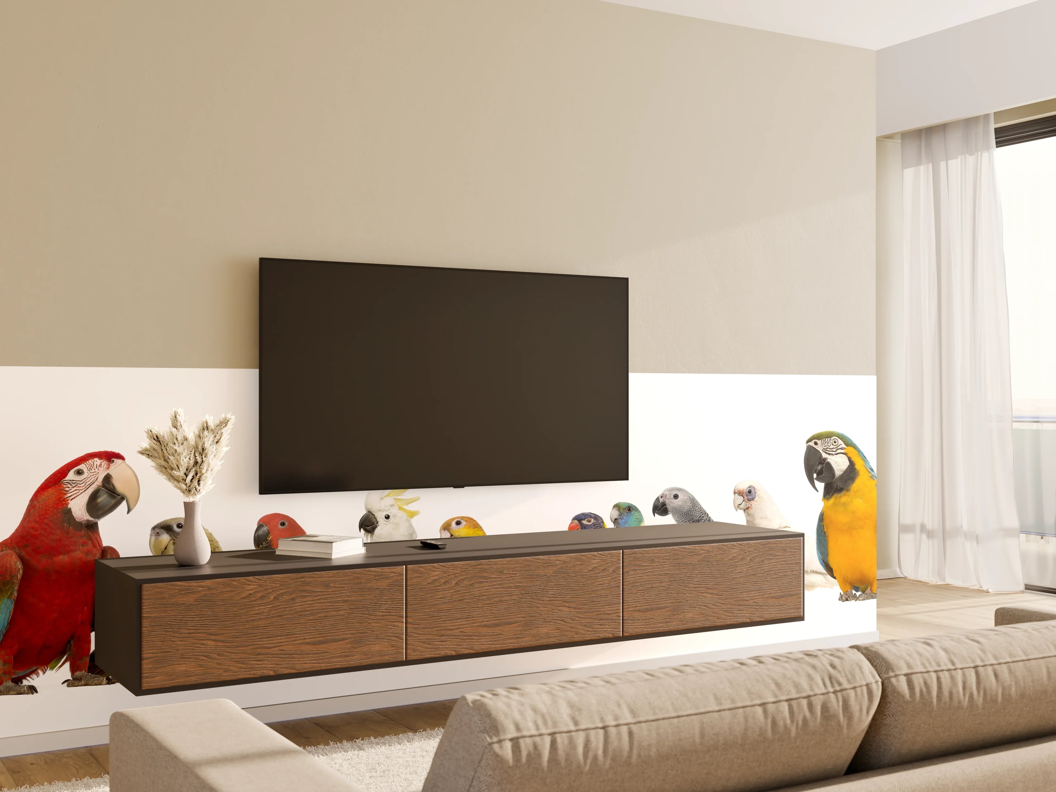 Wandverkleidung Wohnzimmer - Tropische Papageien - Exotisch