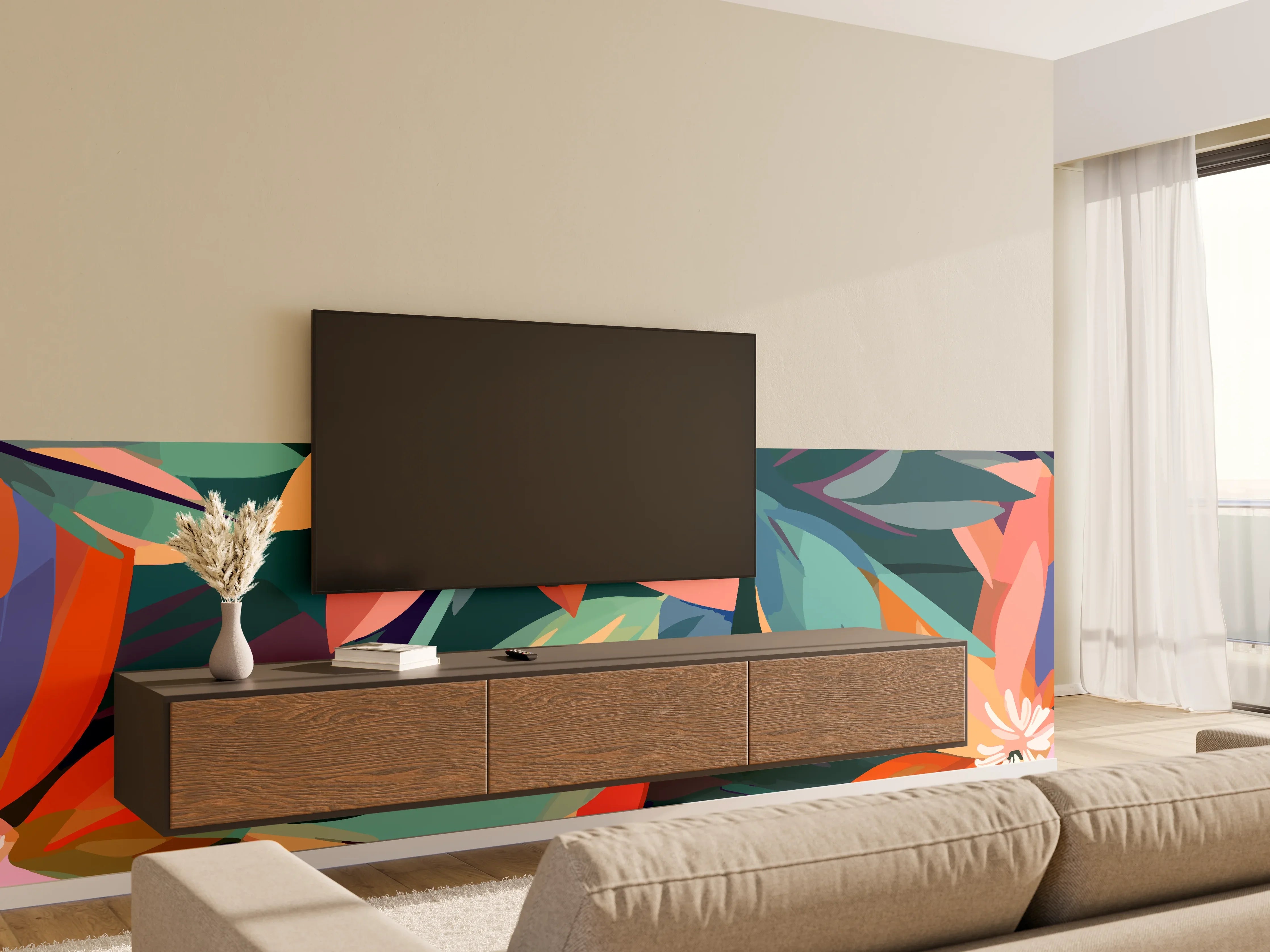 Wandverkleidung Wohnzimmer - Tropische Petals Koralle-Grün