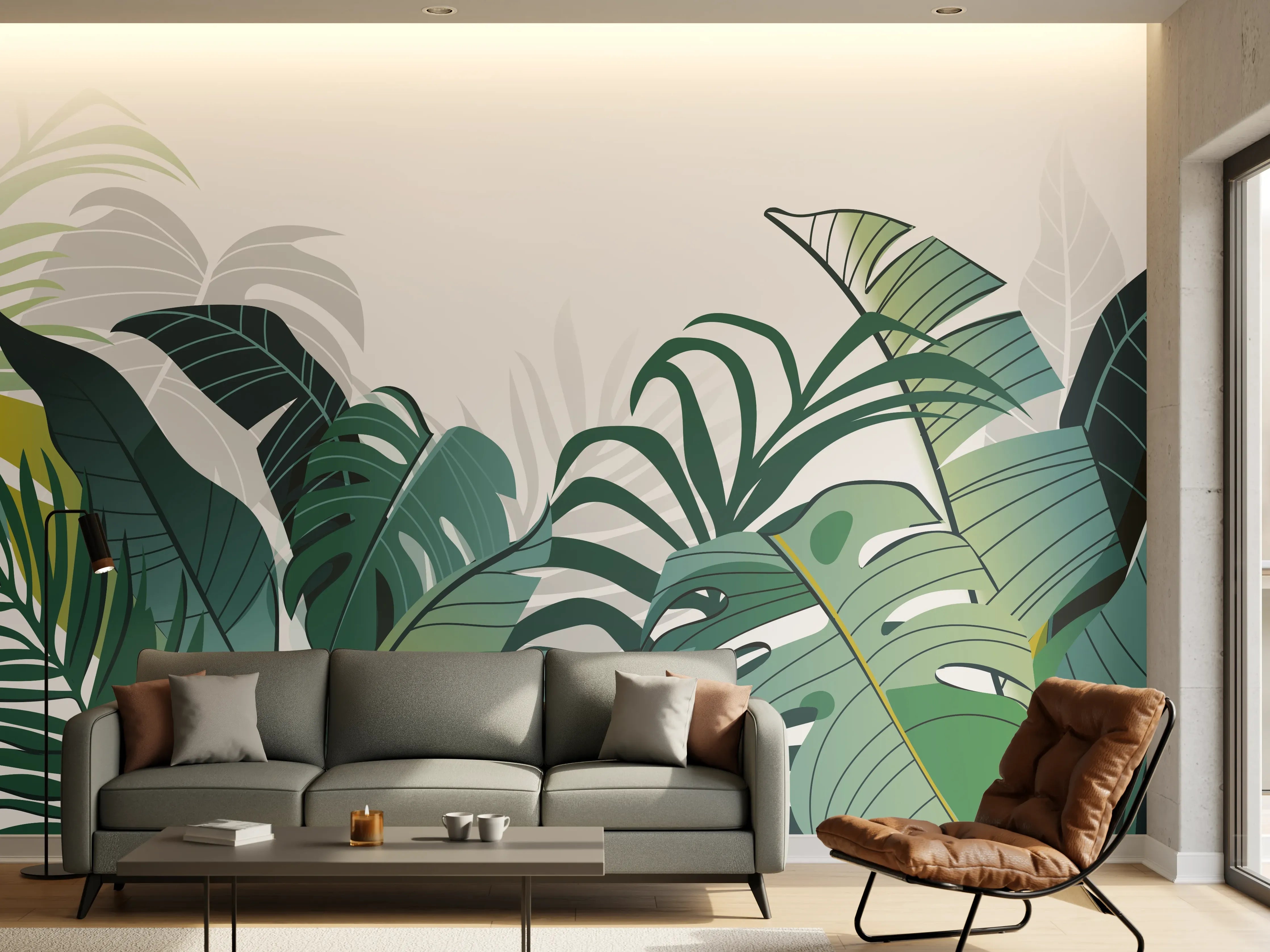 Wandverkleidung Wohnzimmer - Tropische Pflanzen Illustration