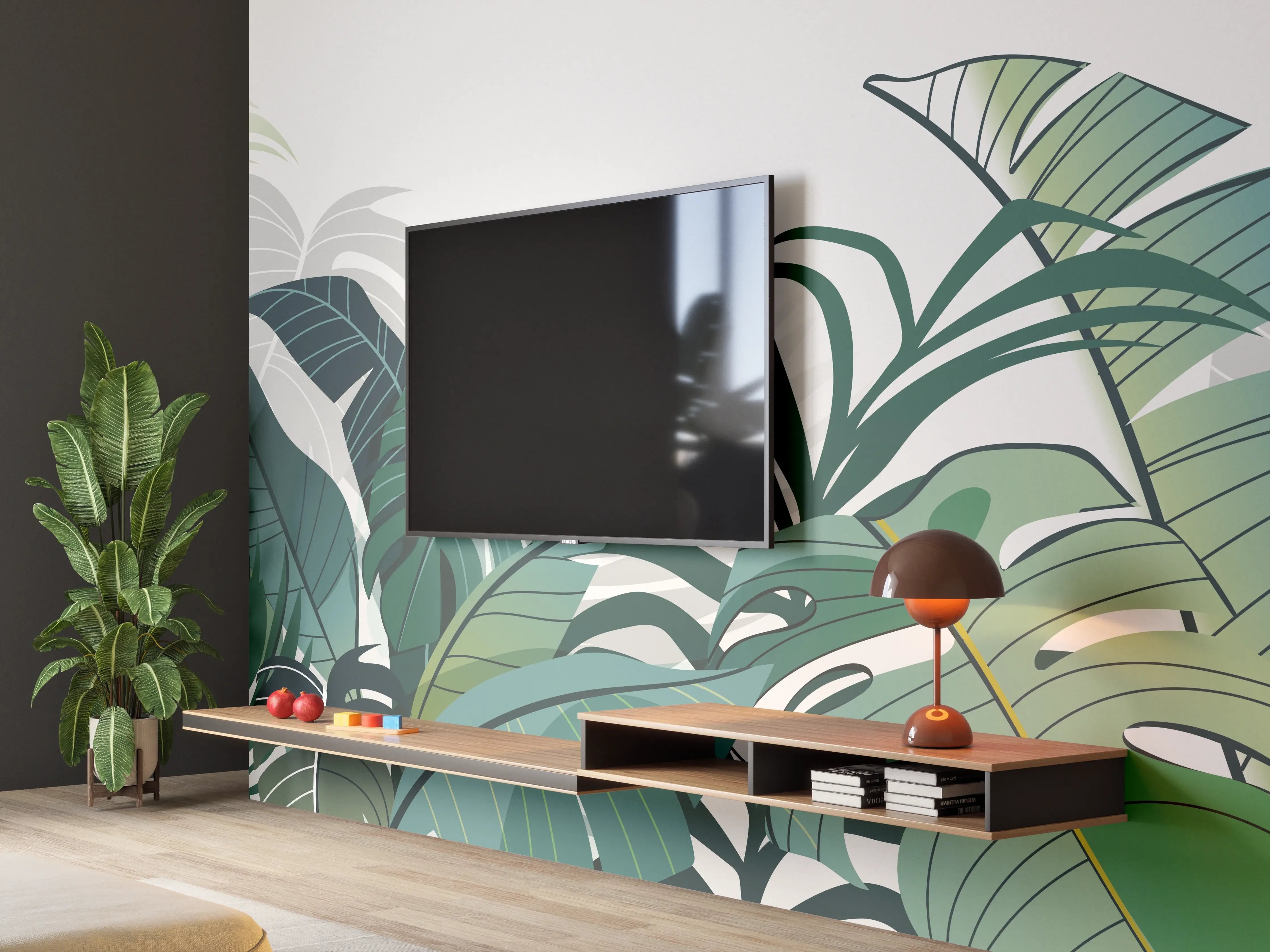 Wandverkleidung Wohnzimmer - Tropische Pflanzen Illustration