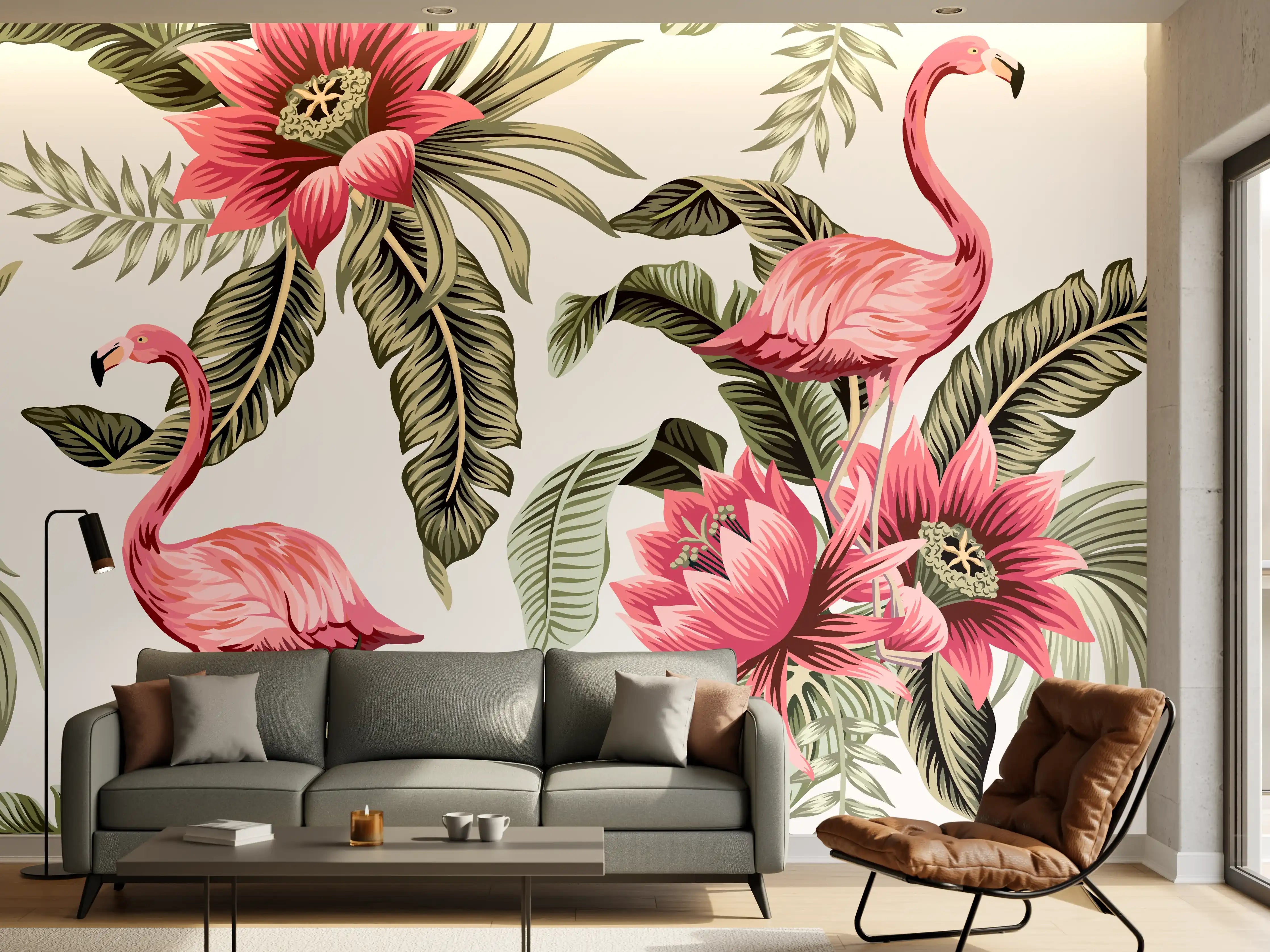 Wandverkleidung Wohnzimmer - Tropischer Flamingo-Blumen-Print