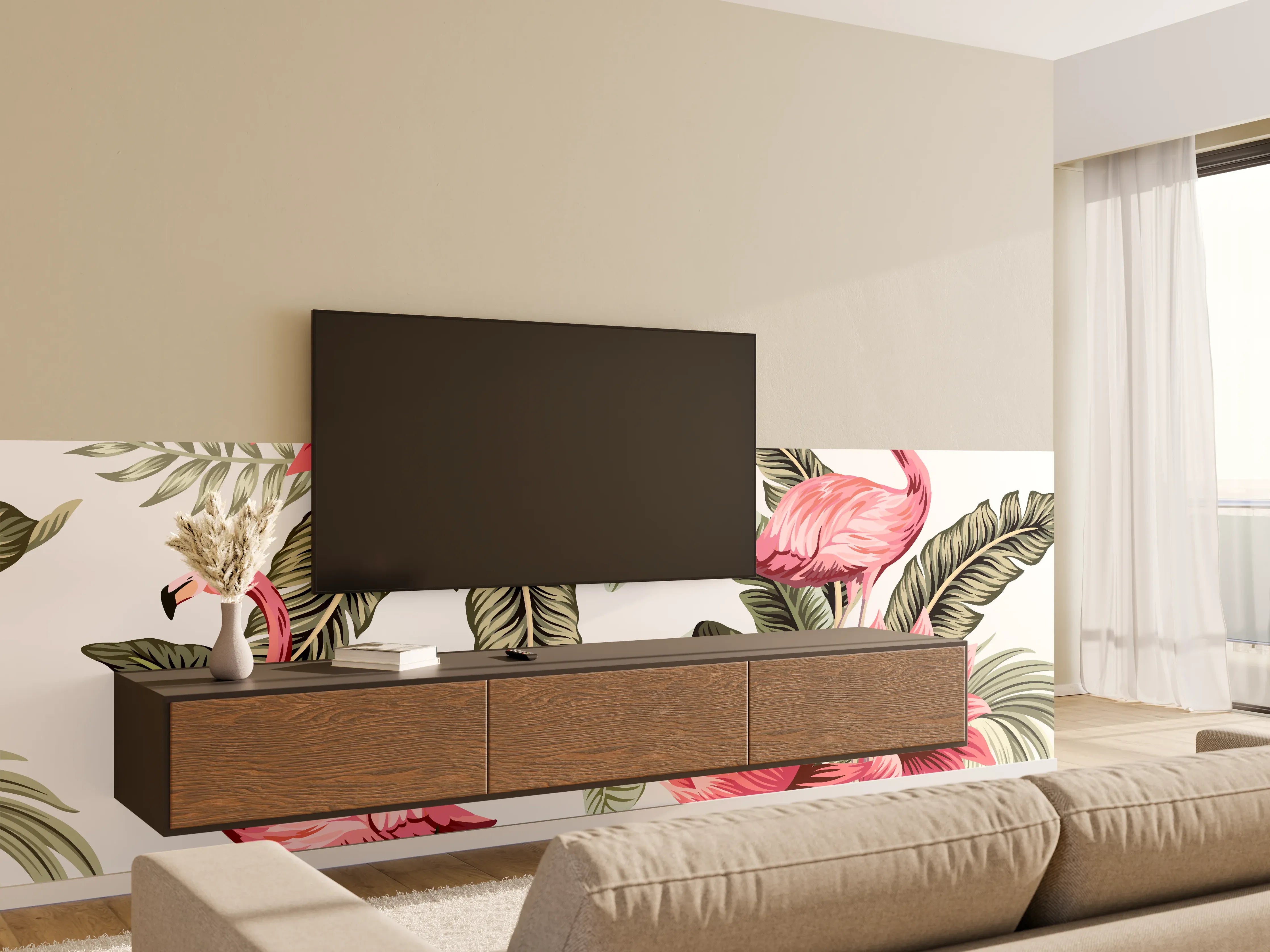 Wandverkleidung Wohnzimmer - Tropischer Flamingo-Blumen-Print