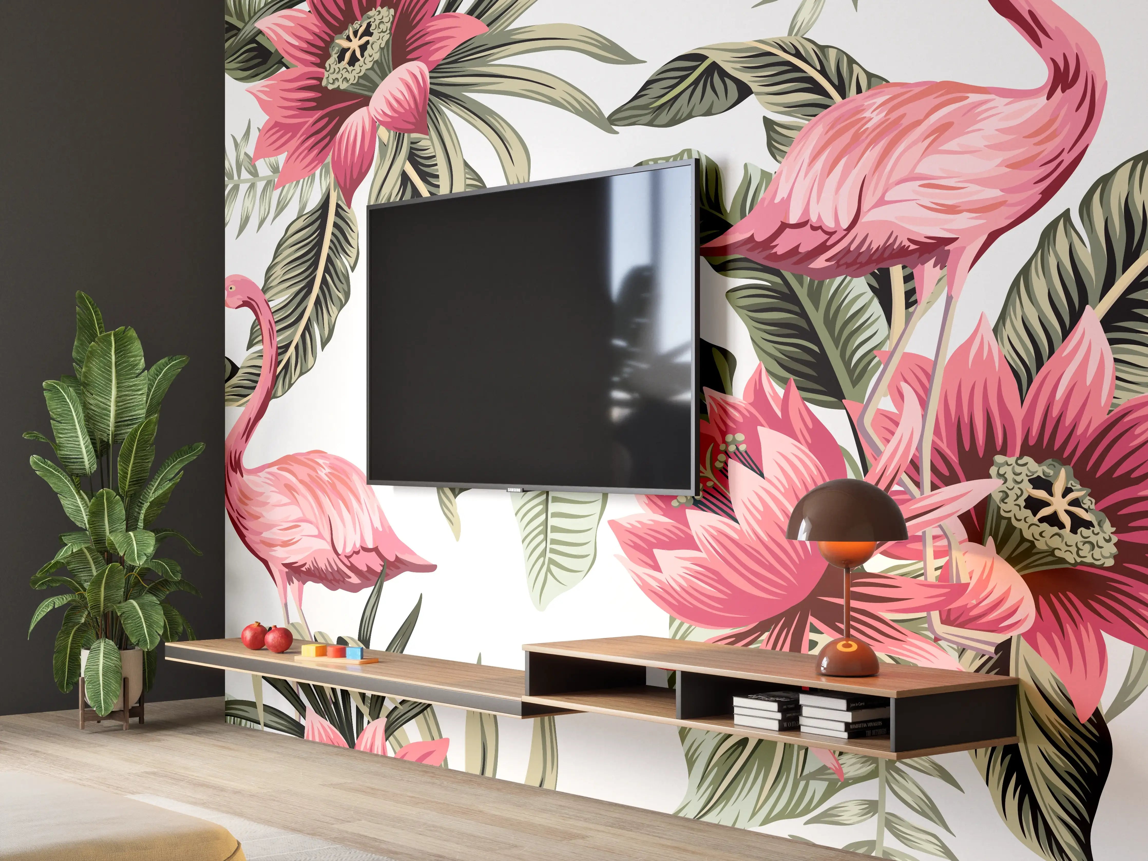 Wandverkleidung Wohnzimmer - Tropischer Flamingo-Blumen-Print