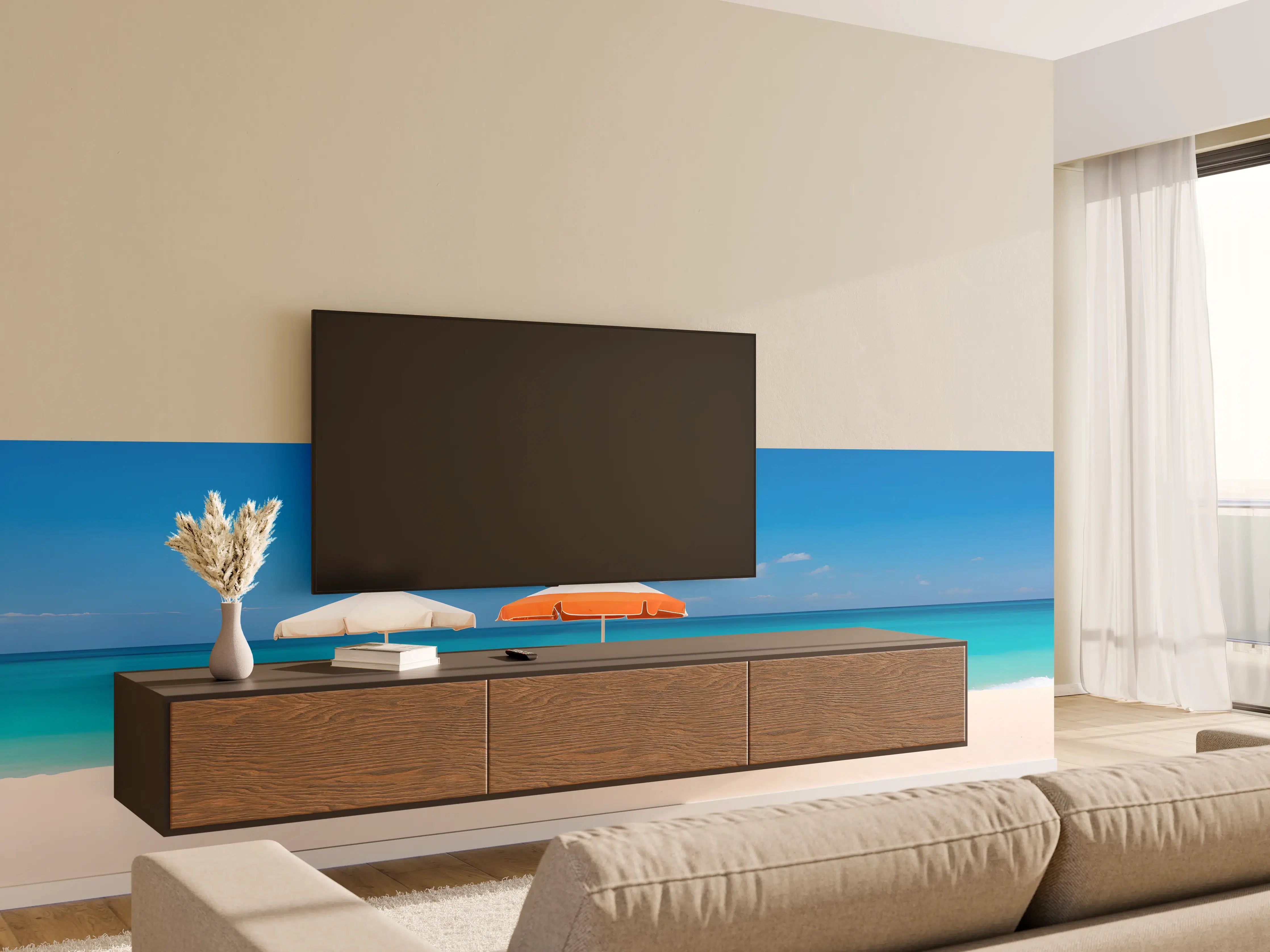 Wandverkleidung Wohnzimmer - Tropischer Strand mit Sonnenschirmen