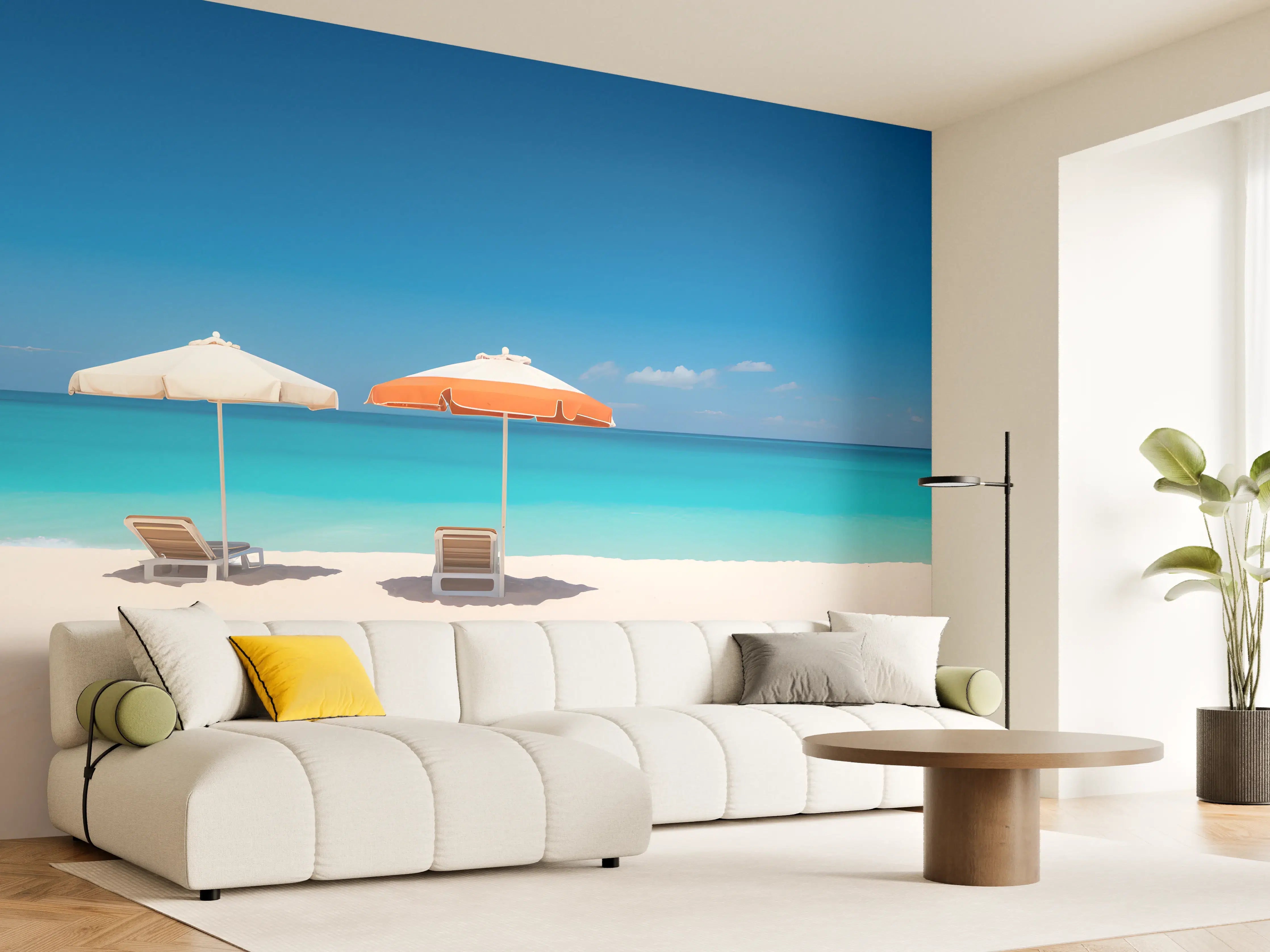 Wandverkleidung Wohnzimmer - Tropischer Strand mit Sonnenschirmen