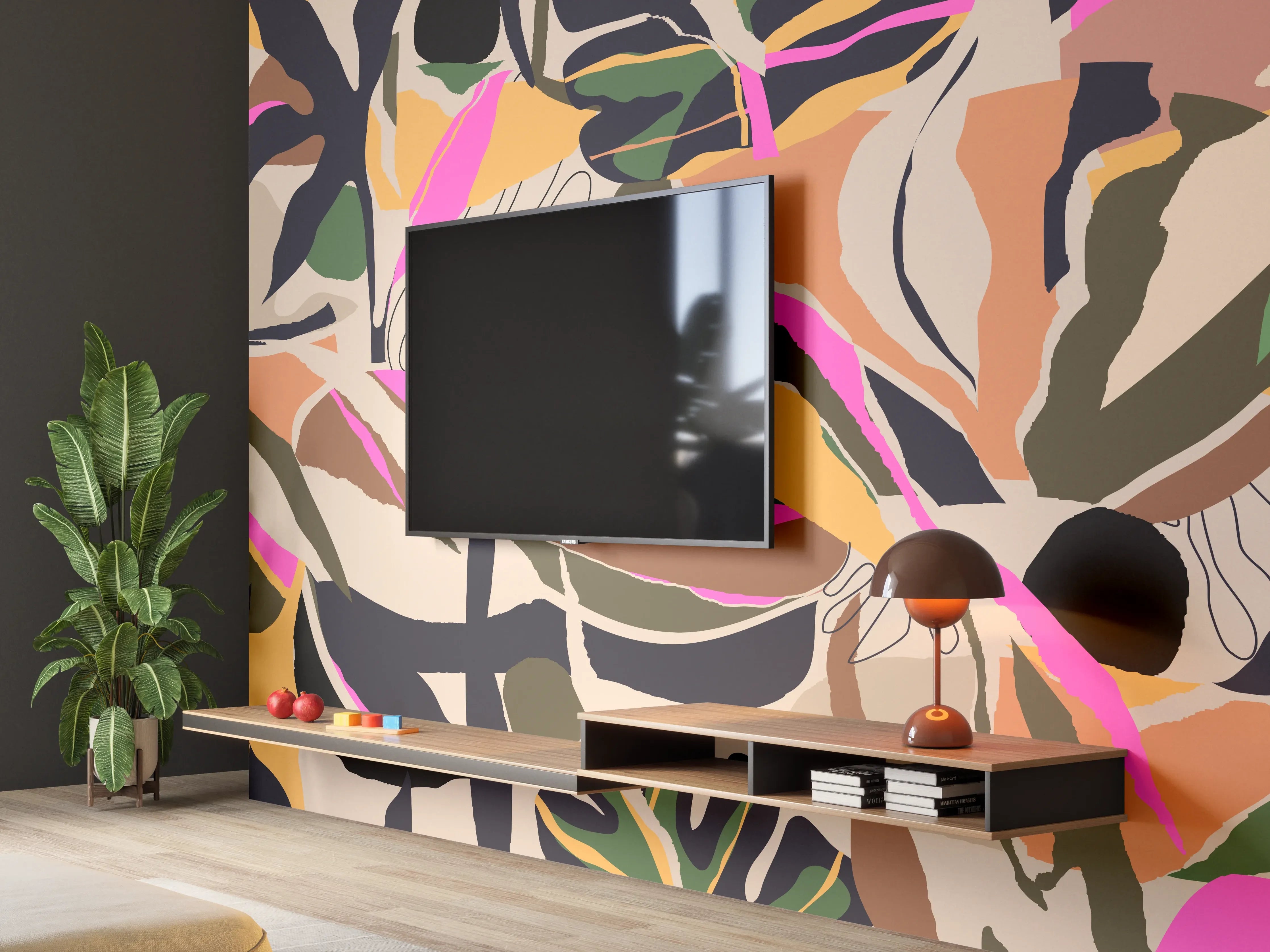 Wandverkleidung Wohnzimmer - Tropisches Blattmuster Beige-Pink