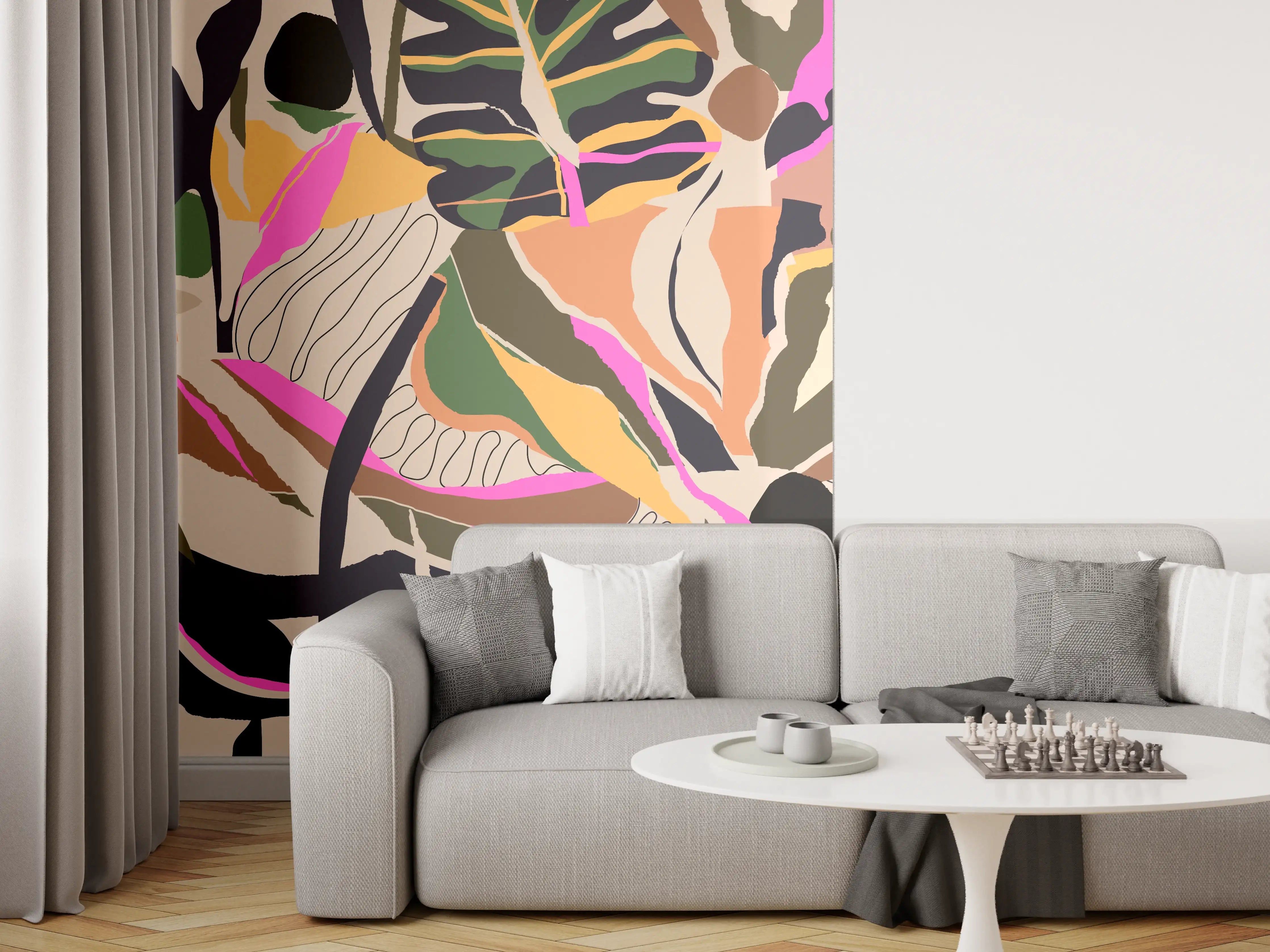 Wandverkleidung Wohnzimmer - Tropisches Blattmuster Beige-Pink