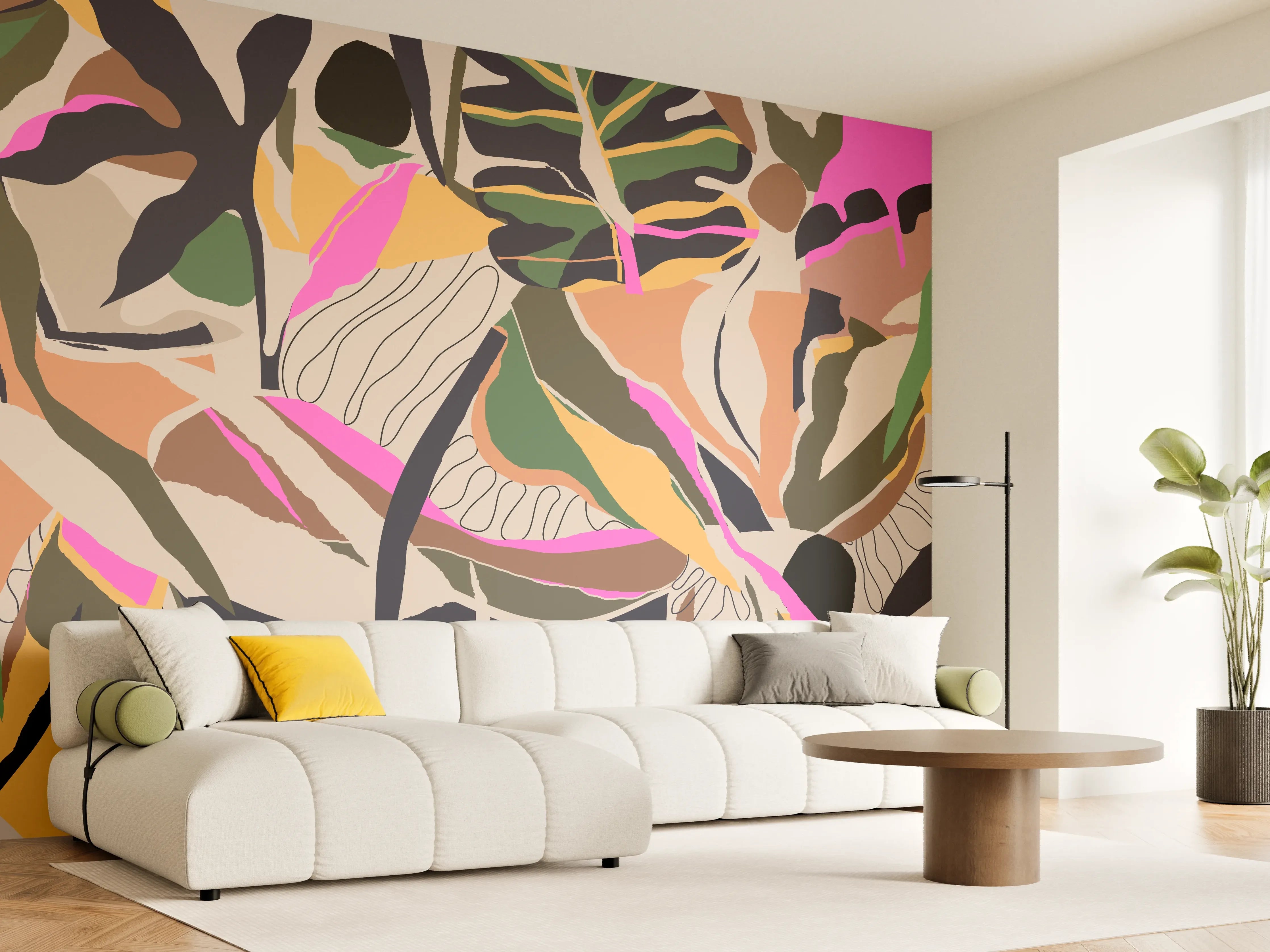 Wandverkleidung Wohnzimmer - Tropisches Blattmuster Beige-Pink