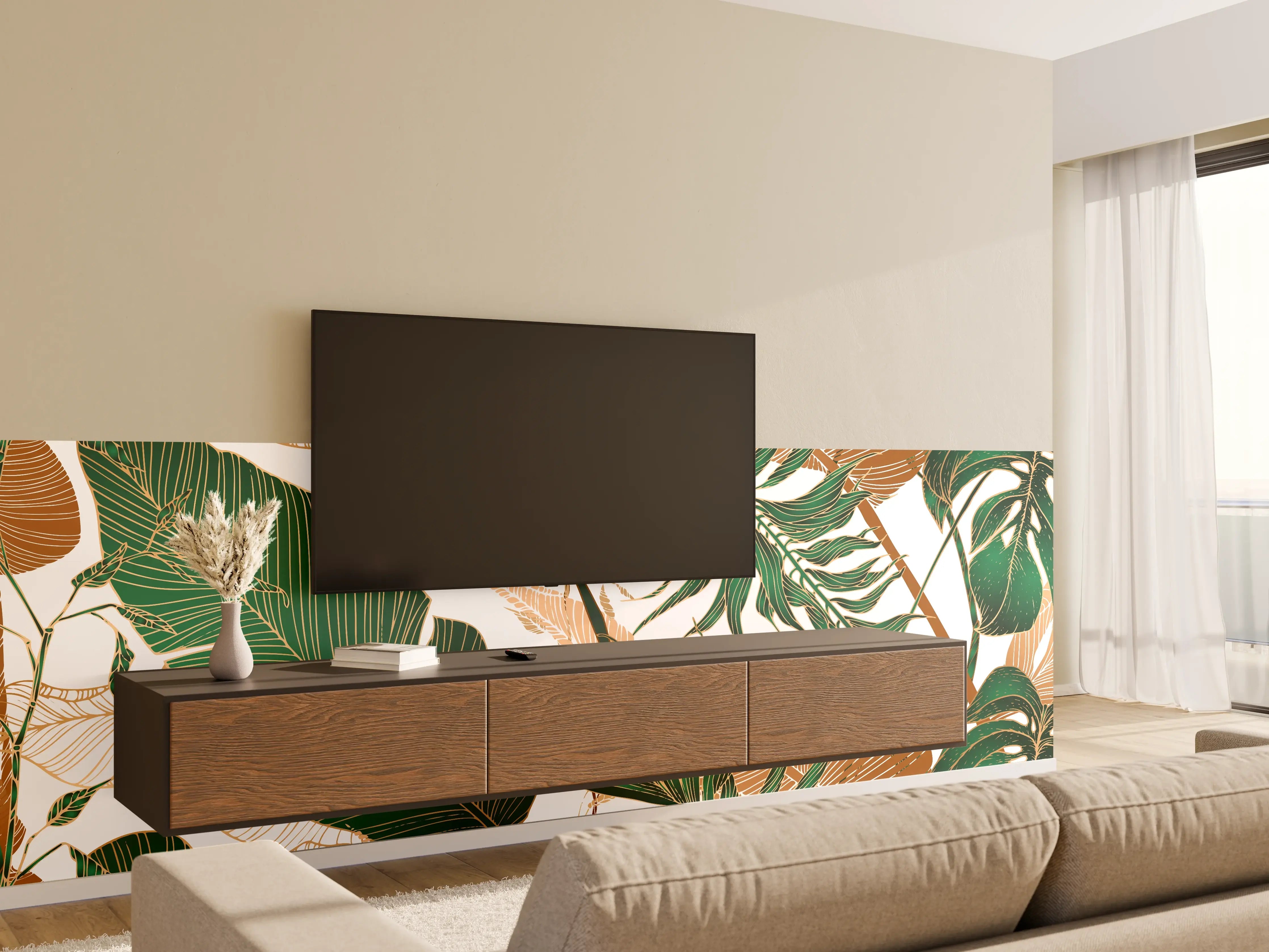 Wandverkleidung Wohnzimmer - Tropisches Blattmuster Design