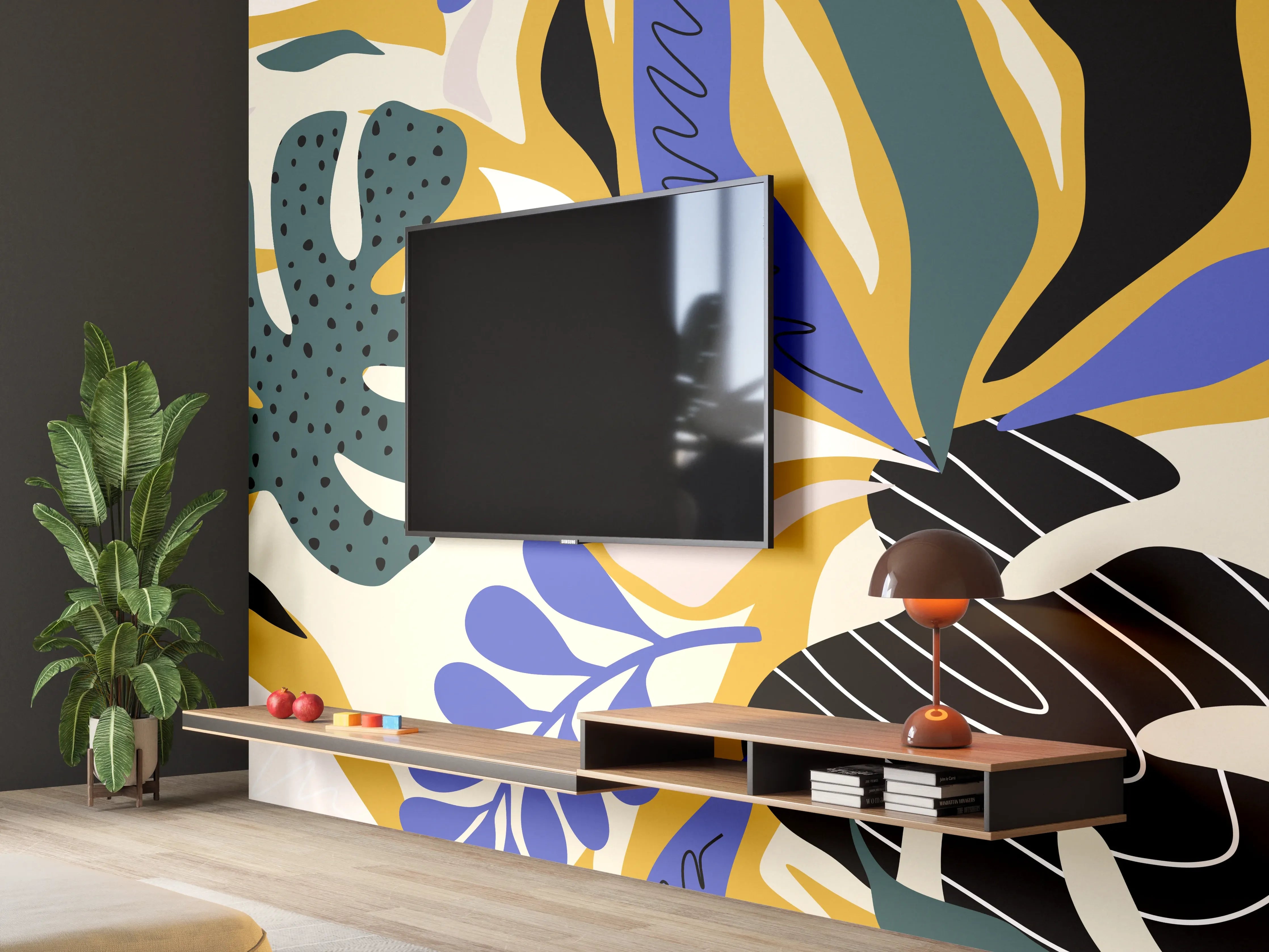 Wandverkleidung Wohnzimmer - Tropisches Blattmuster Gelb-Blau