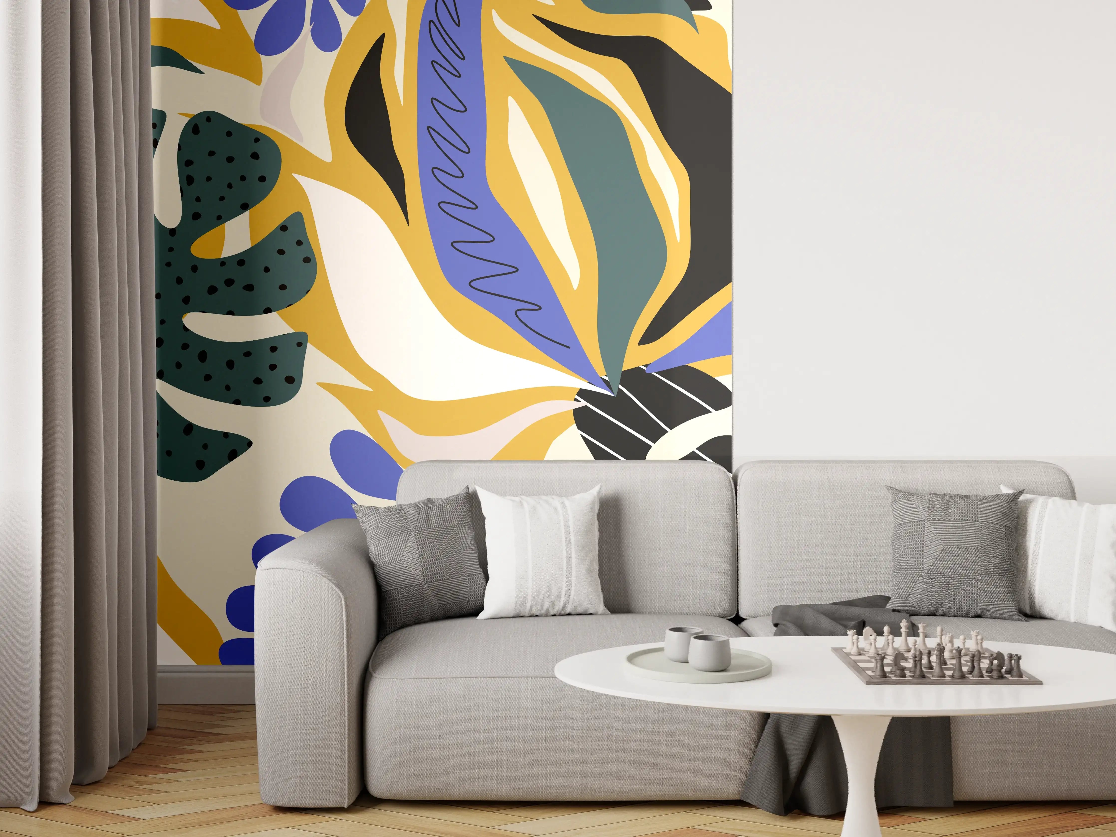 Wandverkleidung Wohnzimmer - Tropisches Blattmuster Gelb-Blau