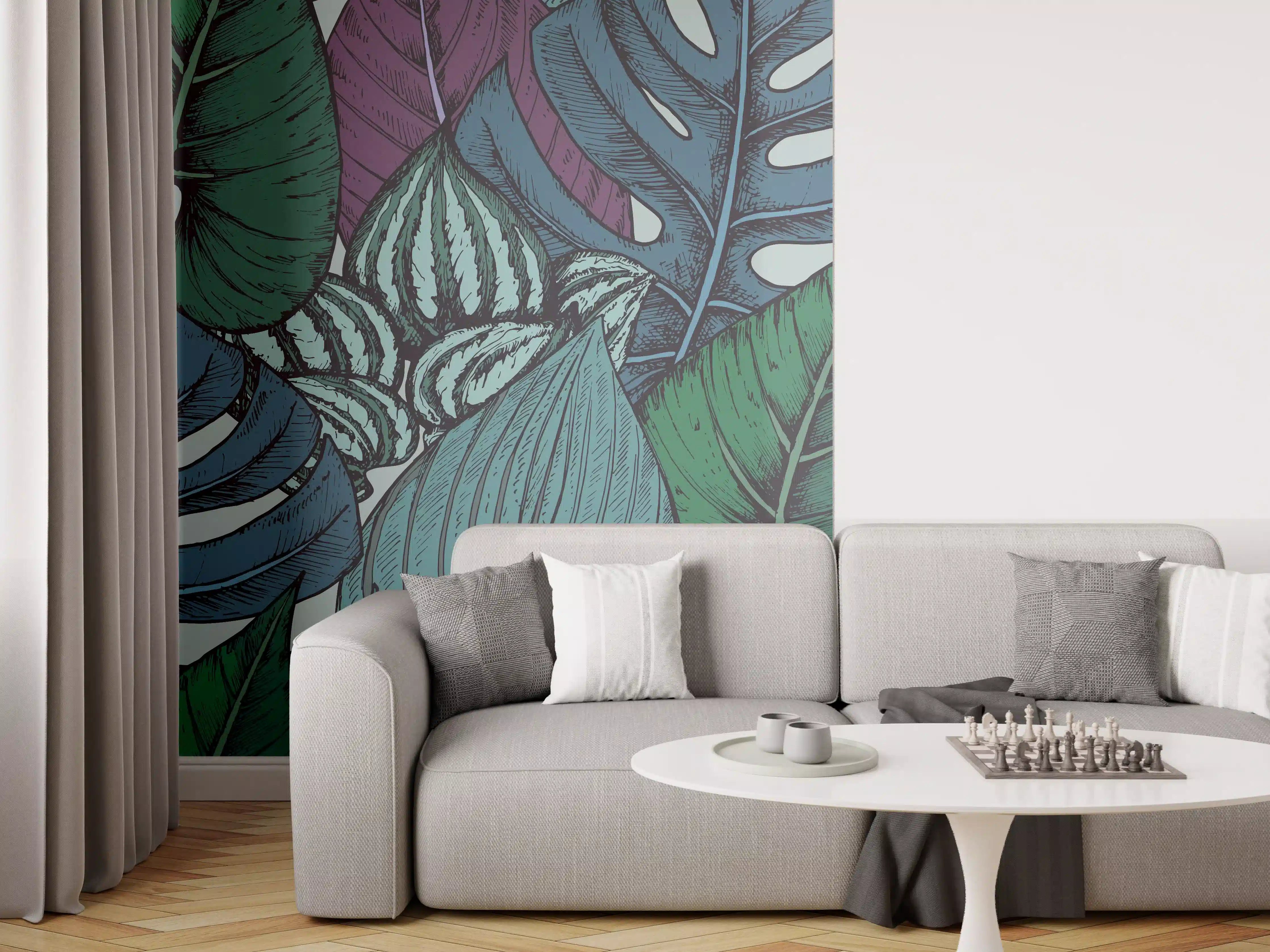 Wandverkleidung Wohnzimmer - Tropisches Blattmuster Türkis-Lila
