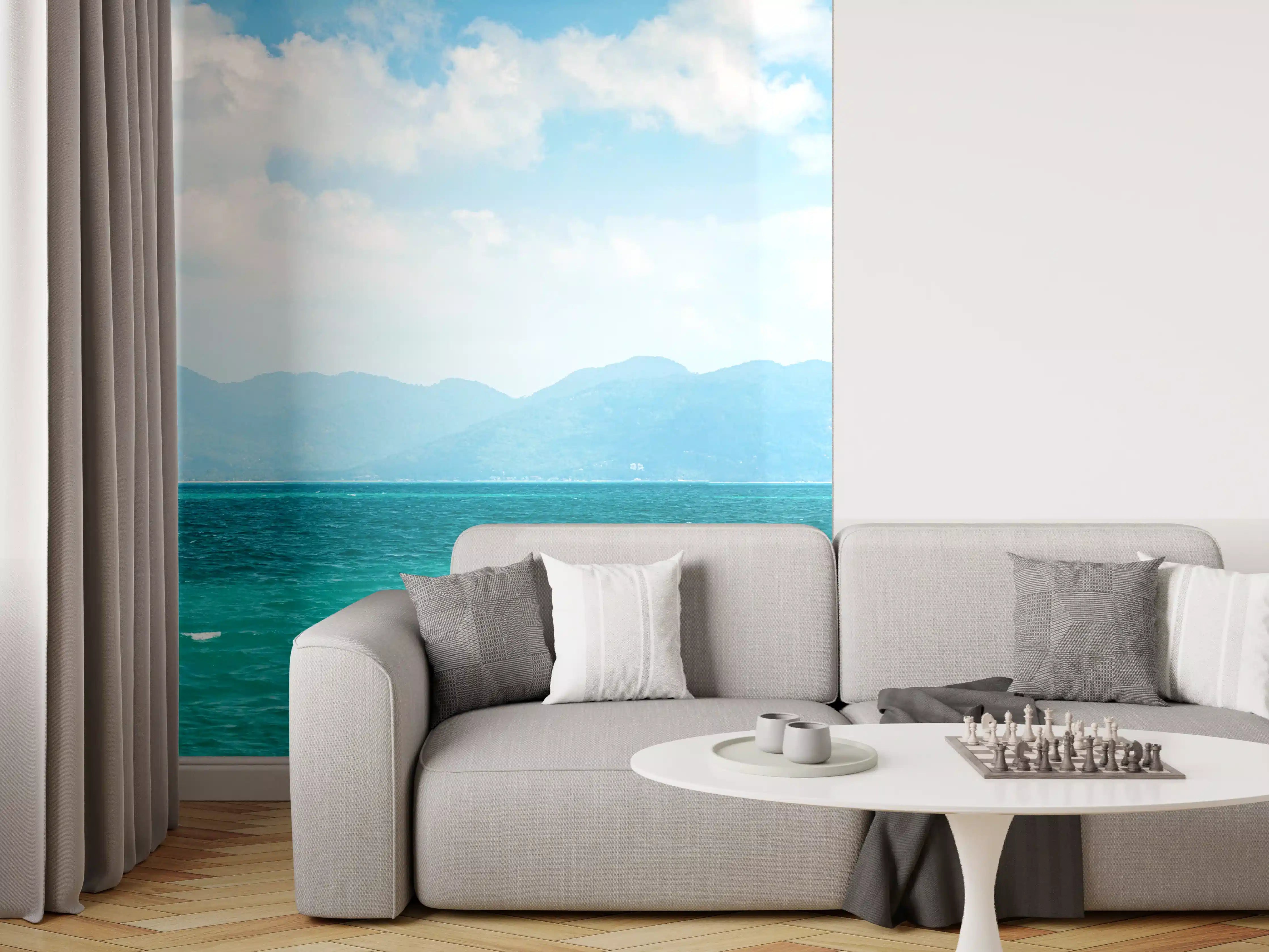 Wandverkleidung Wohnzimmer - Tropisches Blau-Grün-Meerespanorama